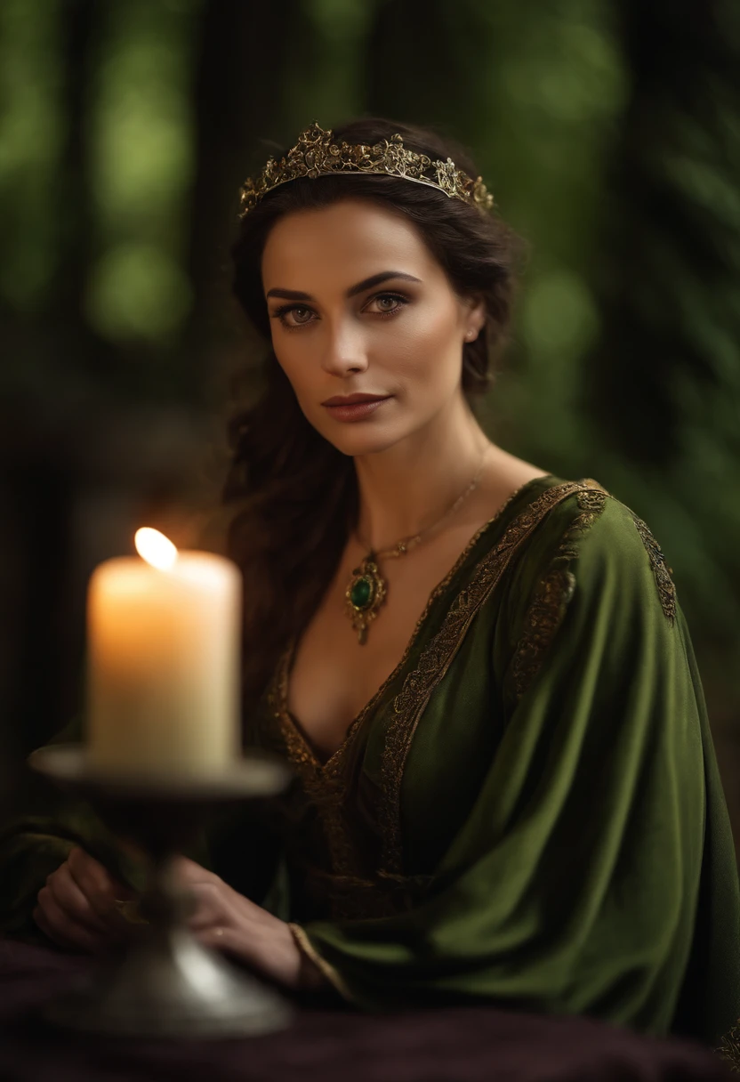 tez justa, mulher elfa em torno de 30 anos, corpo inteiro, cabelos pretos, olhos verdes distintos, vestindo armadura, Beautiful, luz de velas em um ambiente medieval, Ultra sharp focus, tiro realista, cores tetradicas, peitos grandes, decote profundo