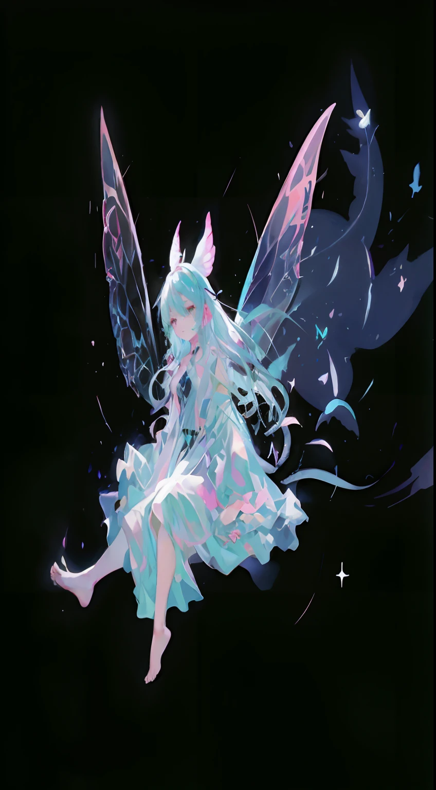 with black background，A girl with butterfly wings，the elf，faeries，light blues，pastel pink，Starflash，Short curly hair，The barefoot，Clear face，face expressionless，Minimalist，adolable，Be expressive，HD drawing，fairy tale style，mystical fantasy，Forest style，the watercolor style，KIDS ILLUSTRATION，Dreamy fog，natural soft light，Soft lighting，Department of Healing