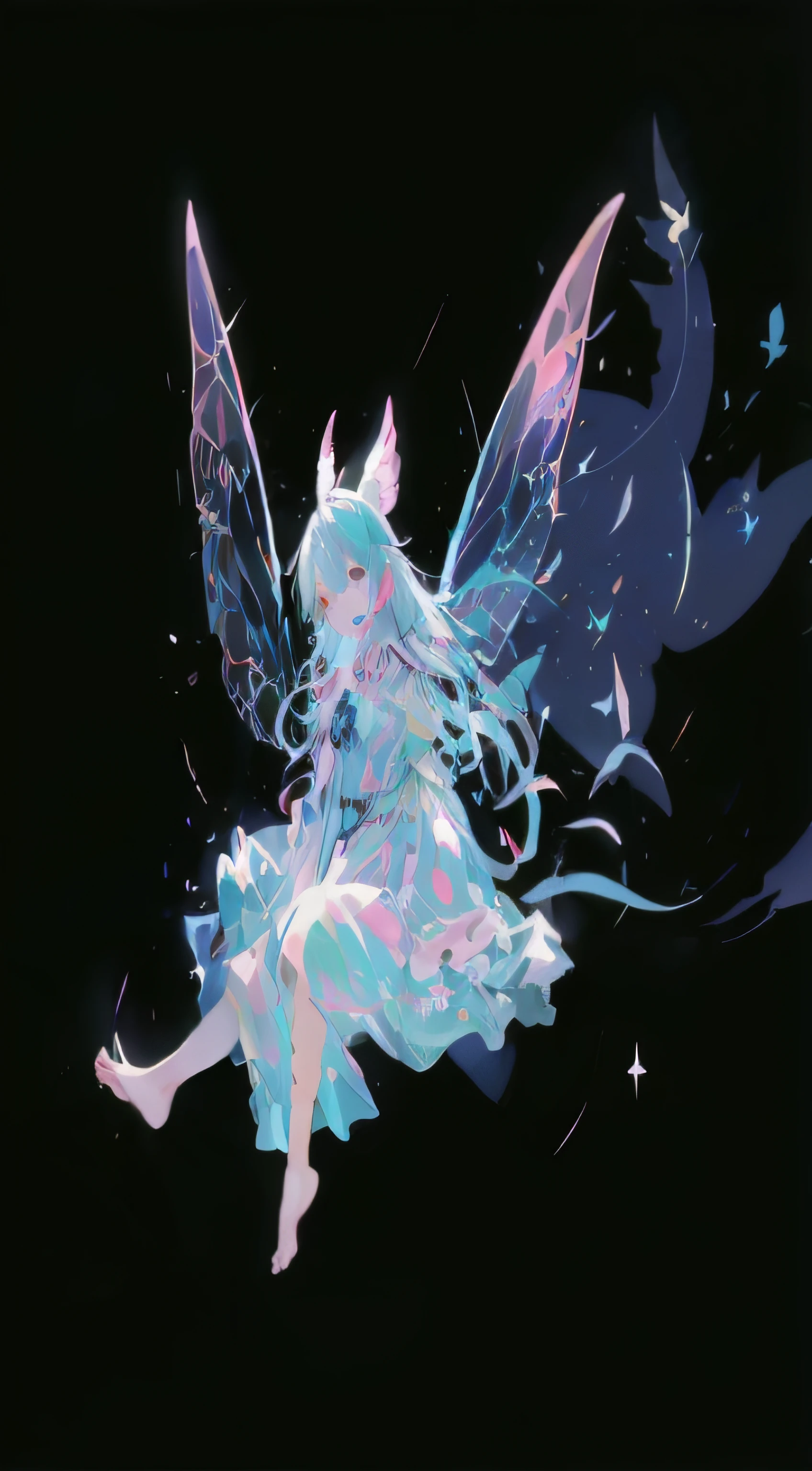 with black background,A girl with butterfly wings,the elf,faeries,light blues,pastel pink,Starflash,Short curly hair,The barefoot,Clear face,face expressionless,Minimalist,adolable,Be expressive,HD drawing,fairy tale style,mystical fantasy,Forest style,the watercolor style,KIDS ILLUSTRATION,Dreamy fog,natural soft light,Soft lighting,Department of Healing