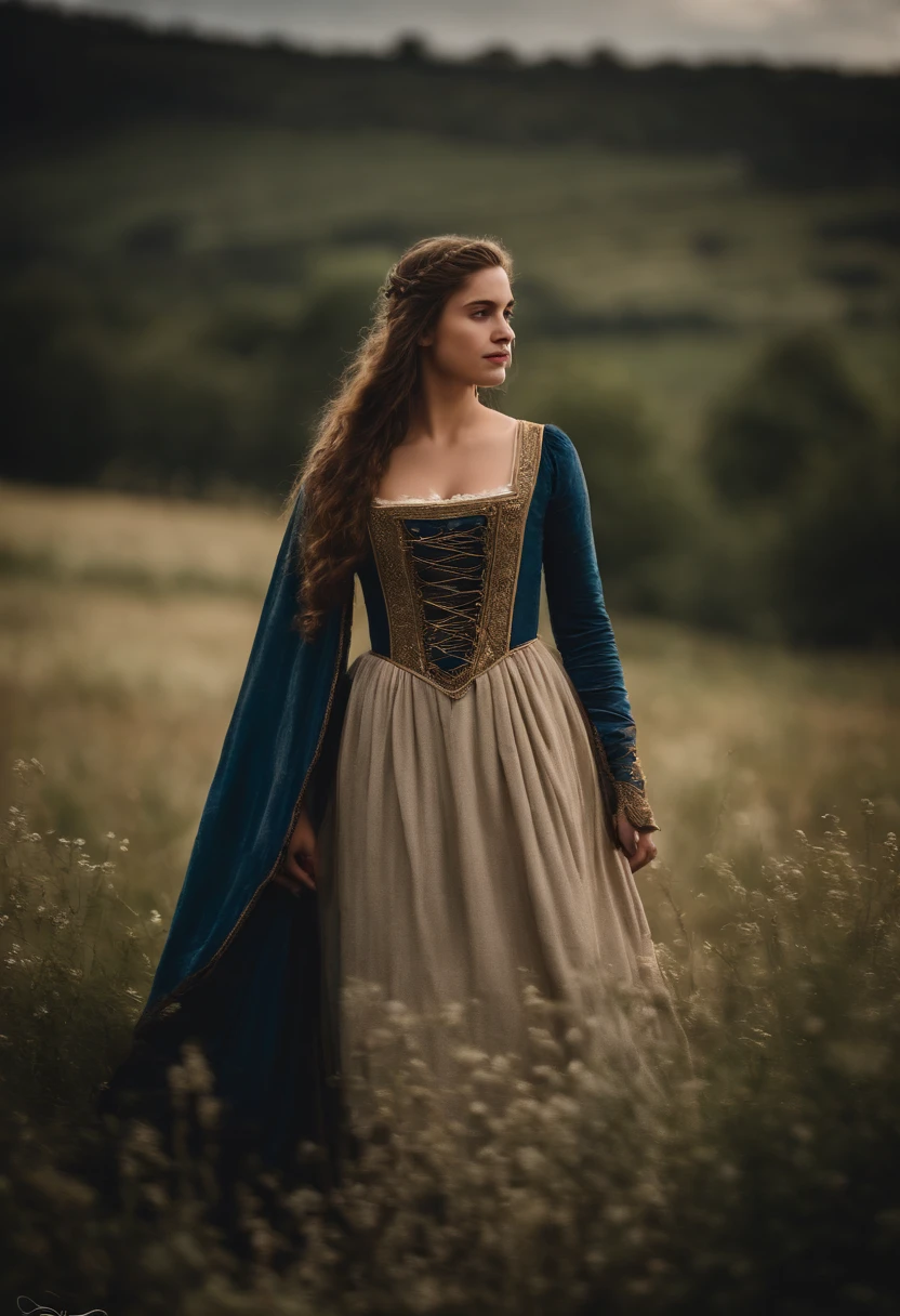 mulher, 19 anos, Loire, vestido medieval, peitos grandes, decote.