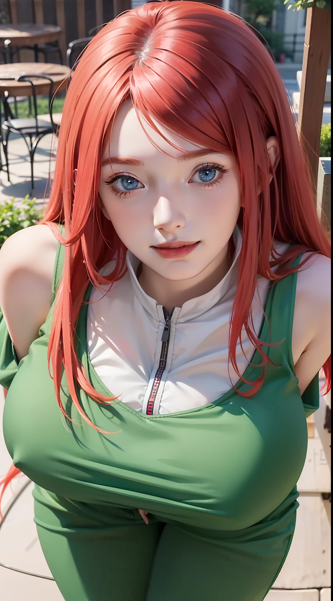 1girl, uzumaki kushina in anime naruto, long hair, red hair, blue eyes, smile, beautiful, sexy dress, sexy clothes, green clothes, very big breast, realistic clothes, detail clothes, outdoor background, ultra detail, realistic