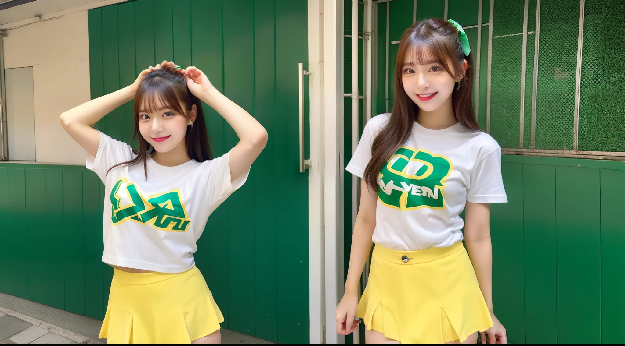 18-year-old cheergirl in T-shirt wearing yellow-green miniskirt