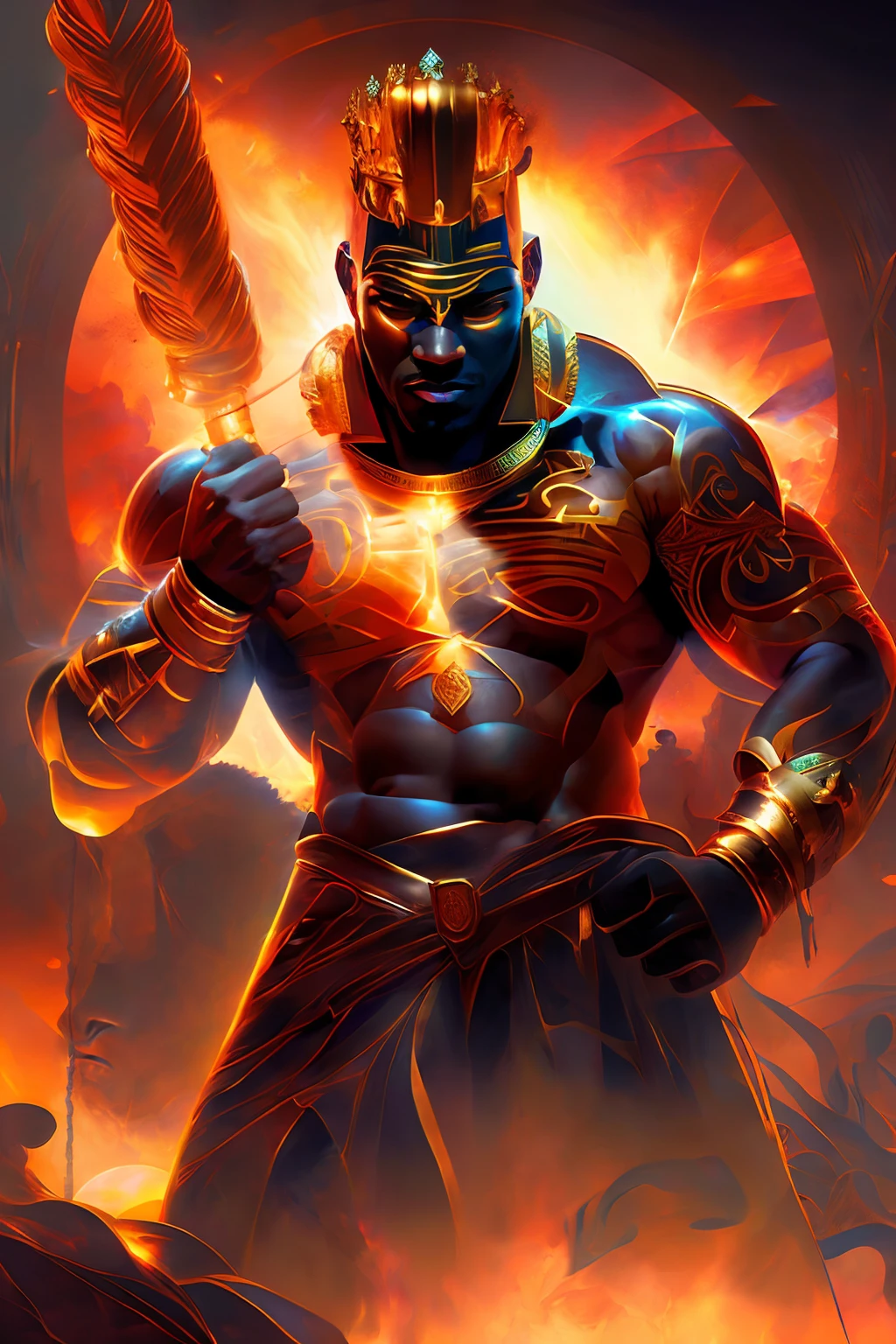 Highly (dynamic:1.2) scene art detailed (rutkowski:1.2) pharaoh ((crown of ramses)), handsome, (dark skin:1.5), ((bald head)) ((muscular)), (fantastic amazing decoration:1.2), abstract beauty, explosive volumetric, Delightful anatomy, (fantastic god perfect art, 64k ultra hd:1.1), (art by apterus, art by dan mumford:1.2)