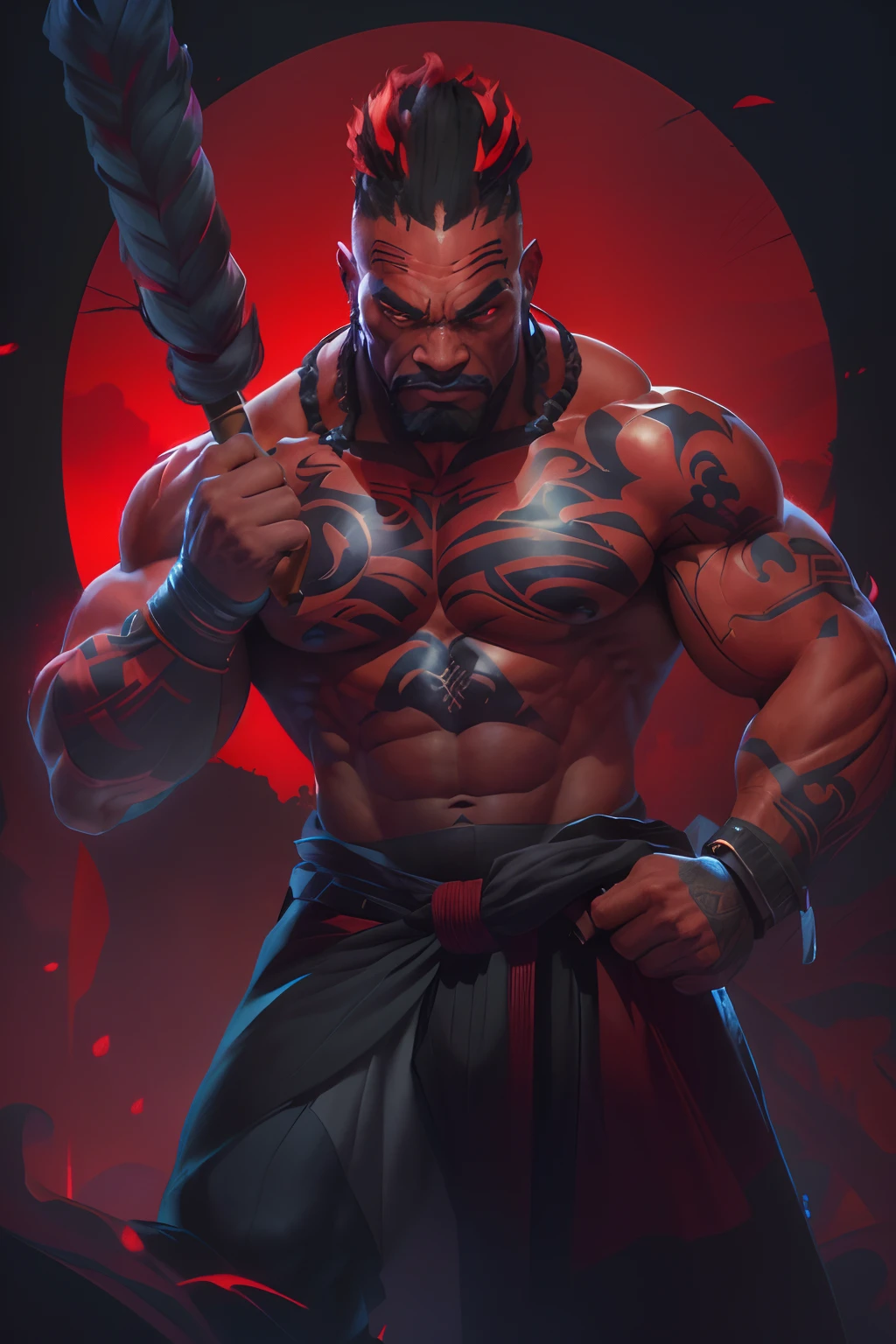 there is a man with a large tattoo on his chest holding a stick, muscular character, fighting game character, symmetry!! portrait of akuma, iconic character splash art, 3 d render character art 8 k, official character art, wakanda, character art the contra, muscular characters, high detail iconic character, character splash art, ultra detailed game art