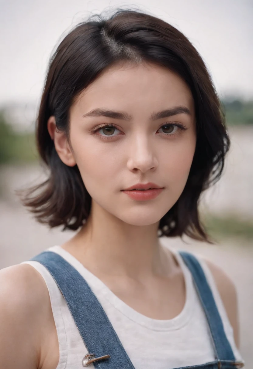 a young woman with Short black hair standing outside, in the style of cool,White vest, baggy denim pants, zeiss planar t* 80mm f/2.8, kodak portra, uhd image, sovietwave, distinct facial features,