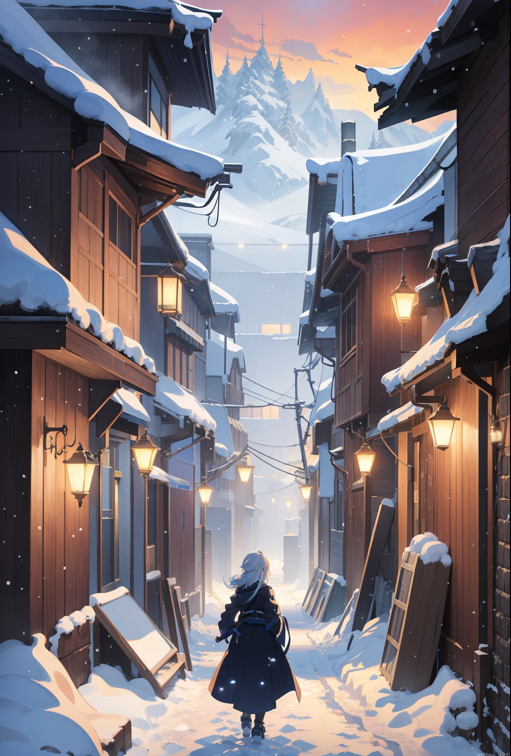 anime - style illustration of a woman walking through a snowy alley, winter concept art, anime art wallpaper 8 k, anime art wallpaper 4 k, anime art wallpaper 4k, snowy. by makoto shinkai, anime background art, rossdraws global illumination, japanese town, ancient city streets behind her, anime scenery concept art, 4 k manga wallpaper