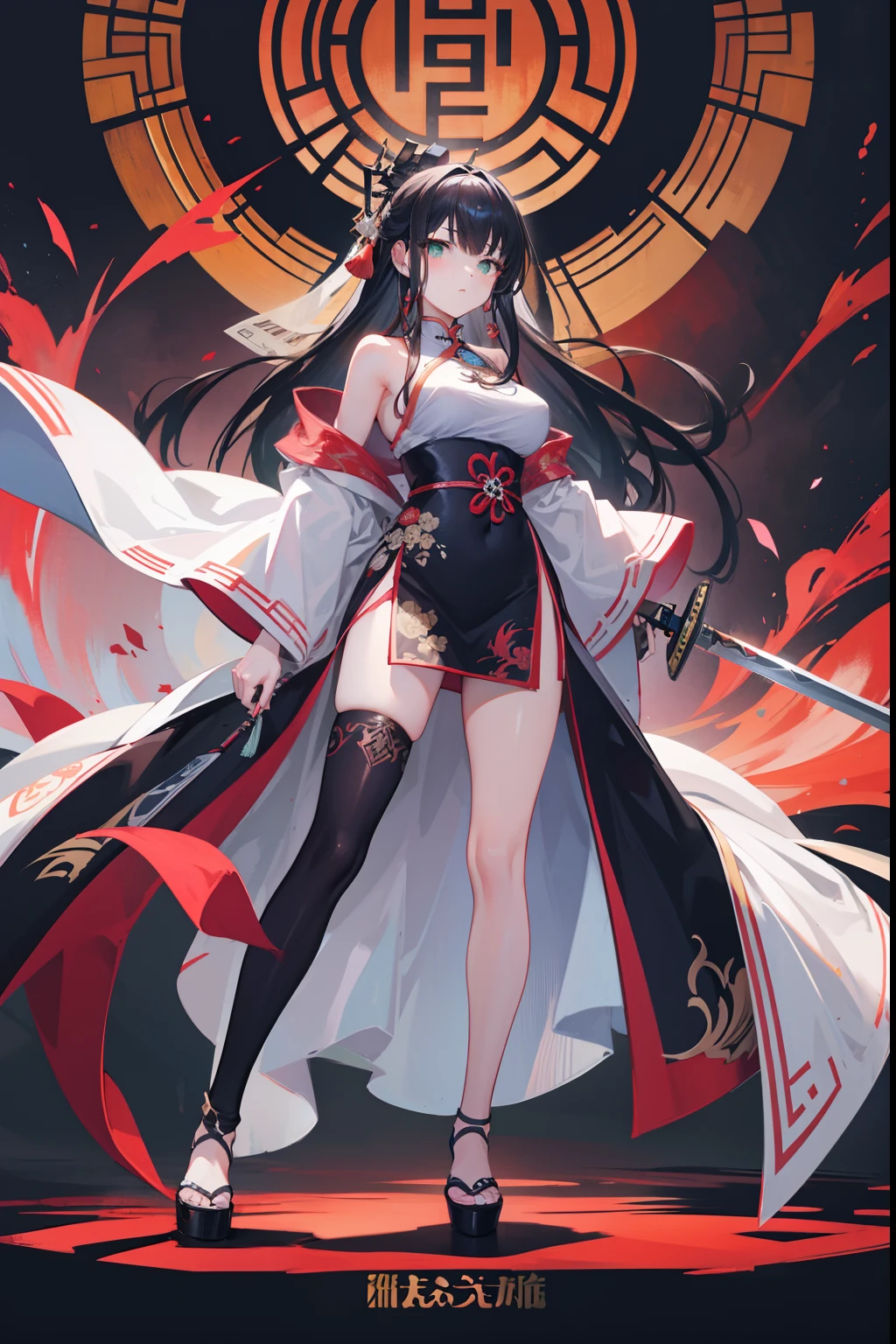 In front of a huge Chinese-style building，Image of a female swordsman holding a sword and a large number of swords，seductiveexpression,Fitted white robe ,black lence stockings，A bunch of black hair，green-eyed,front poses，typhoon，Thunder，Style Artgerm, Full body detail 4K，Dreamlike，and its detailed full-body detail 4K