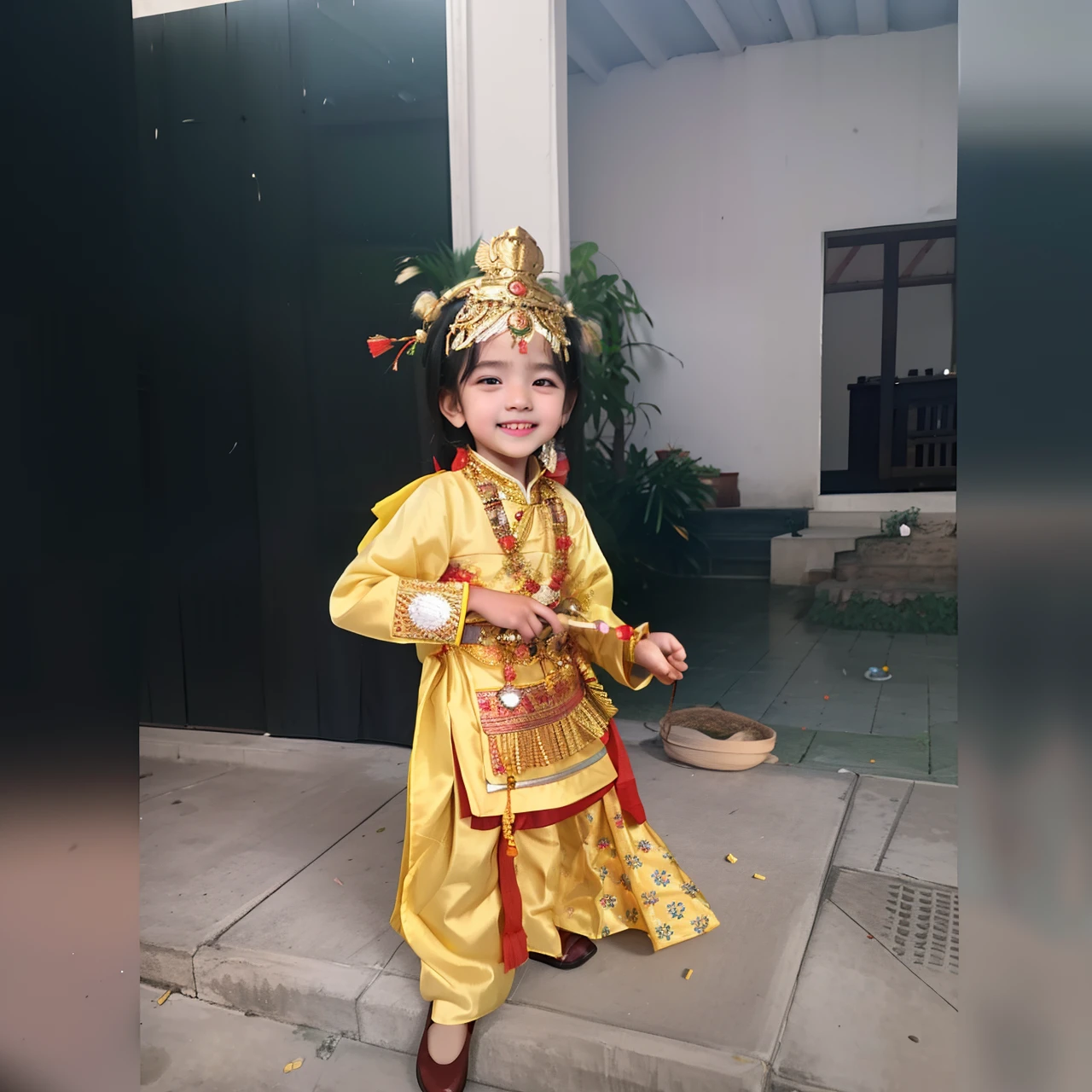 a close up of a child in a yellow outfit holding a toy, ayan nag, tai costume, traditional dress, in costume, nivanh chanthara, wearing traditional garb, in a fancy dress, traditional costume, indian god, young commoner, stylish deity, costume, wearing a fancy dress, 😃😀😄☺🙃😉😗, traditional