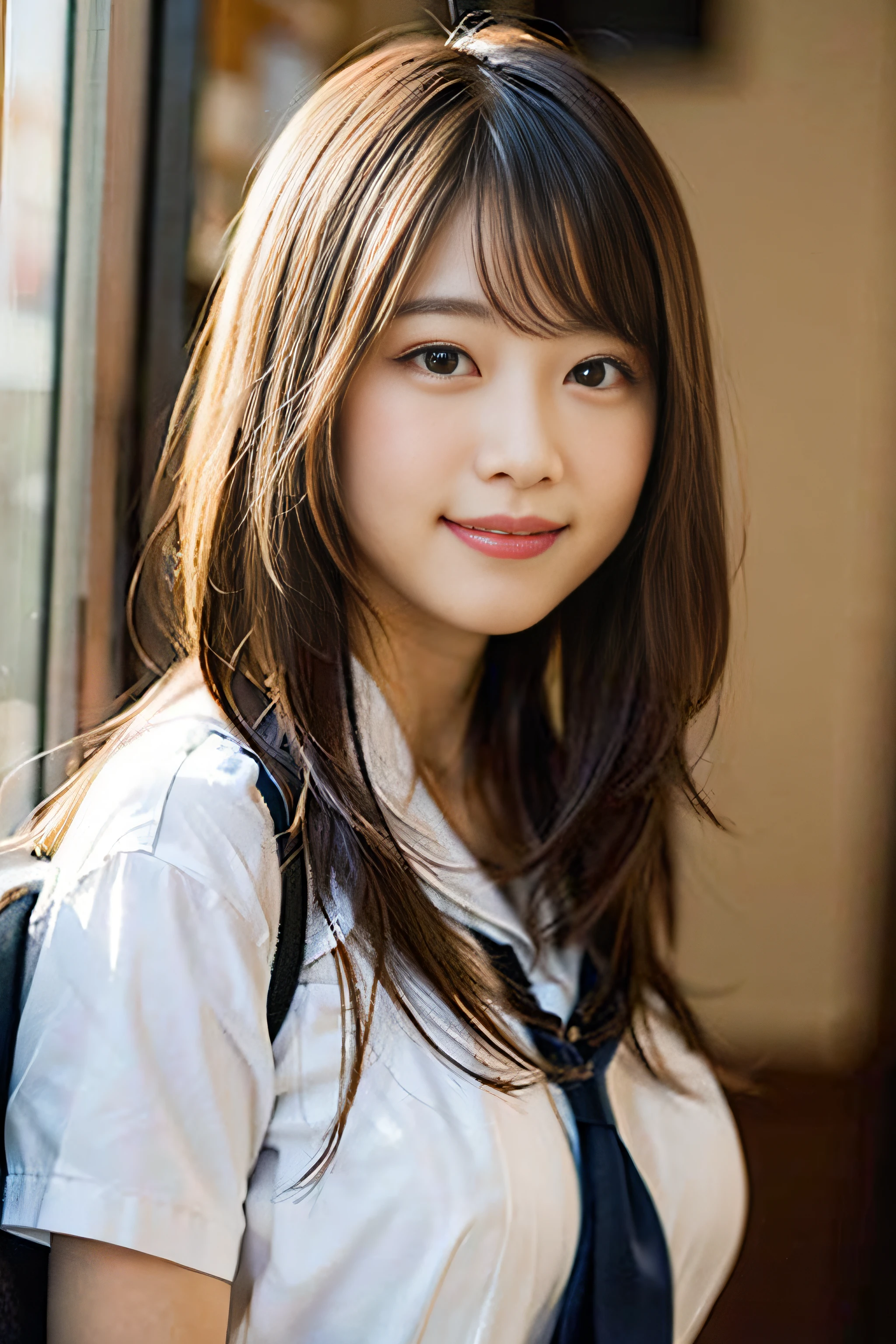 (8K、Raw photography、top-quality、masterpiece:1.2)、(realisitic、Photorealsitic:1.37)、ultra-detailliert、超A high resolution、女の子1人、see the beholder、beautifull detailed face、A smile、Constriction、(Slim waist) :1.3)、Beautiful detailed skin、Skin Texture、Floating hair、Professional Lighting、Whole human body、Longhaire、a blond、japanese hight school uniform、hi-school girl、school classrooms、、E Cup Breast、eye glasses、Shy smile、a baby face、Boppy smile、Chest protruding pose