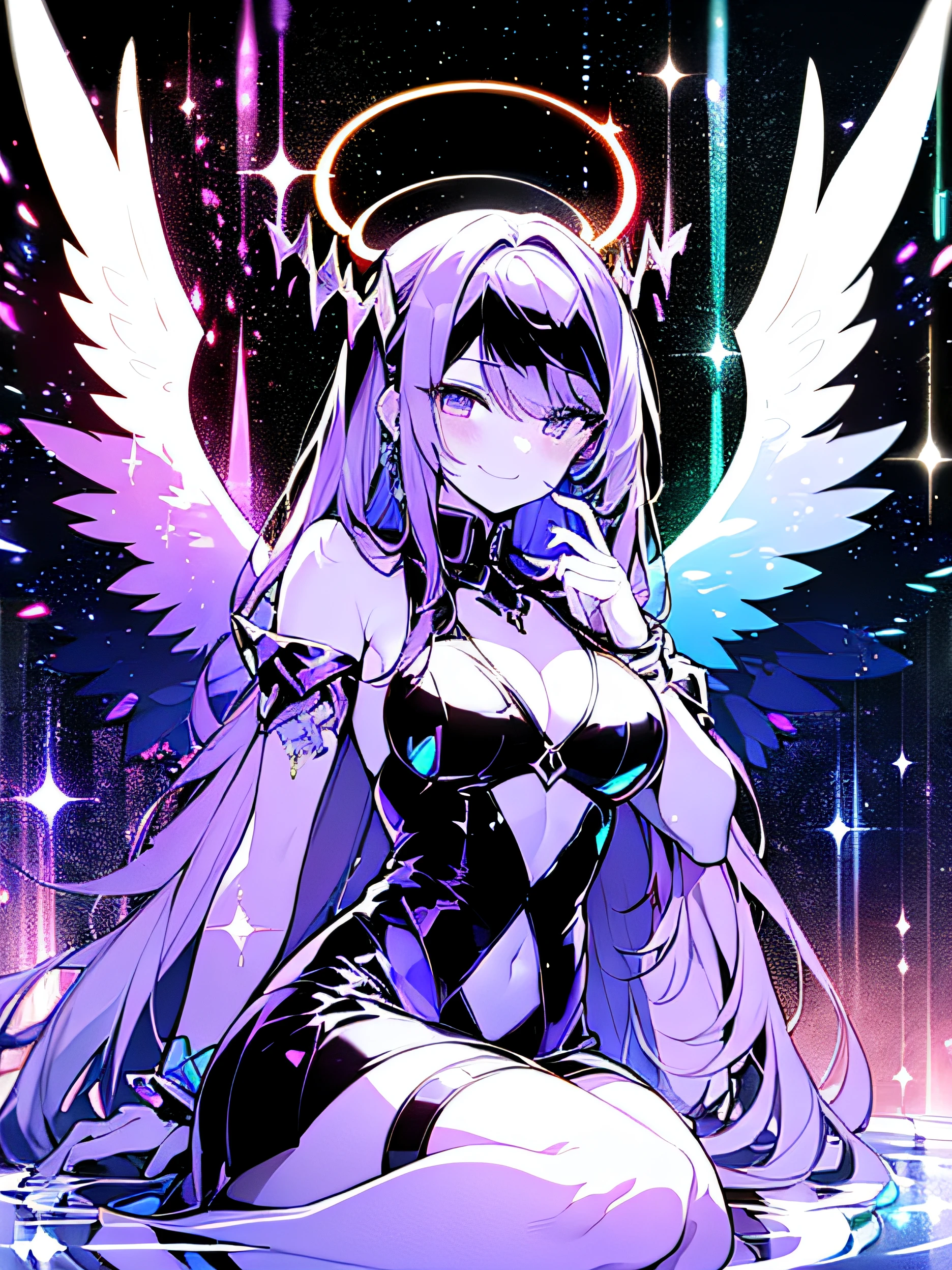 angel,(halo:rainbow1.5),Evil Smile,devil horn,sitting,slit,mesugaki,,gigantic wing,break (high contrast RGB color angel wings) break ((High Contrast RGB Effects, LED Effects, kaleidoscope effects, Shining effects, Glitter RGB effect)), (Ripple Effect:1.2) break