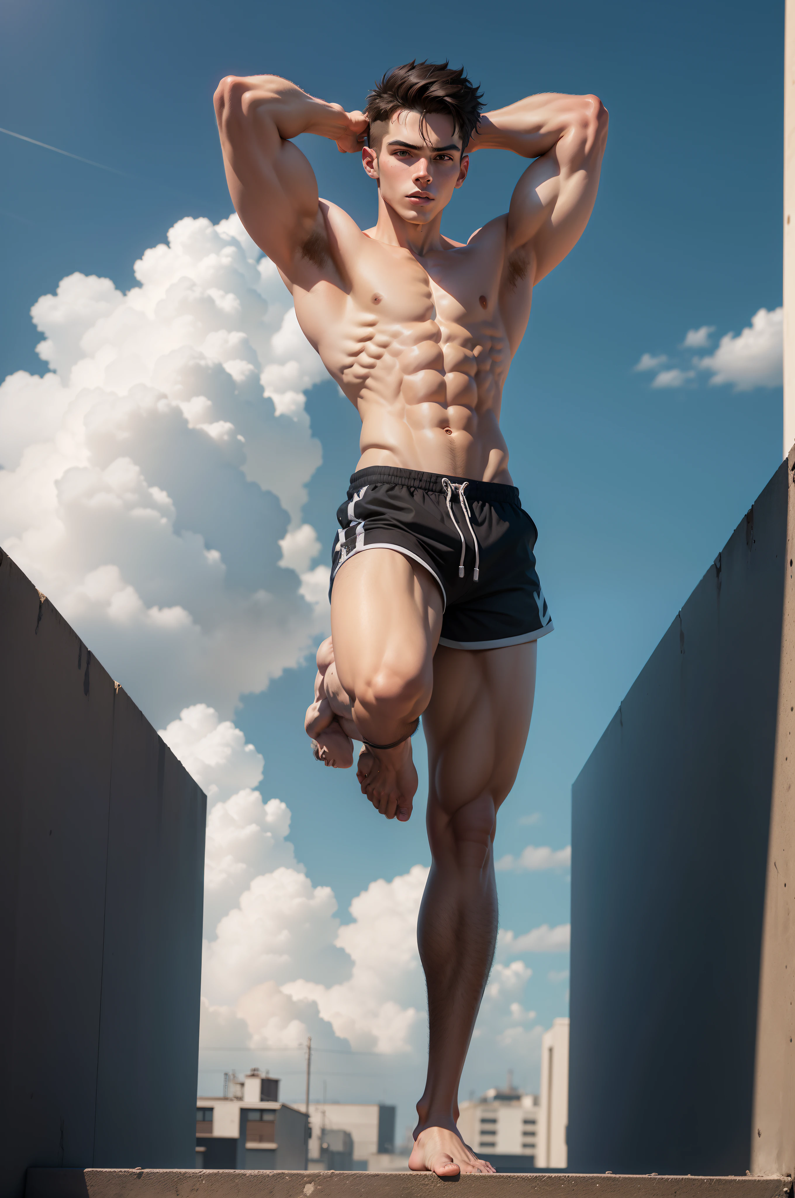 there is a man standing on a roof with his arms in the air, strong young man, posing ready for a fight, very accurate photo, full body picture, complete body view, 20 years old man, full extremely slim body, thin young male, depressed dramatic bicep pose, muscular!!!, showing strong muscles, with accurate face, full body in camera,galactic sky