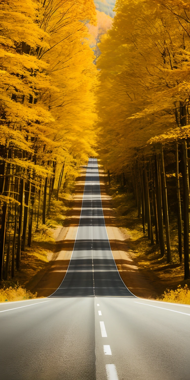 autumnal，The forest on the mountain has turned golden yellow，One day, the road winds its way up from the bottom up，Medium shot，16K HD，Photorealistic photos