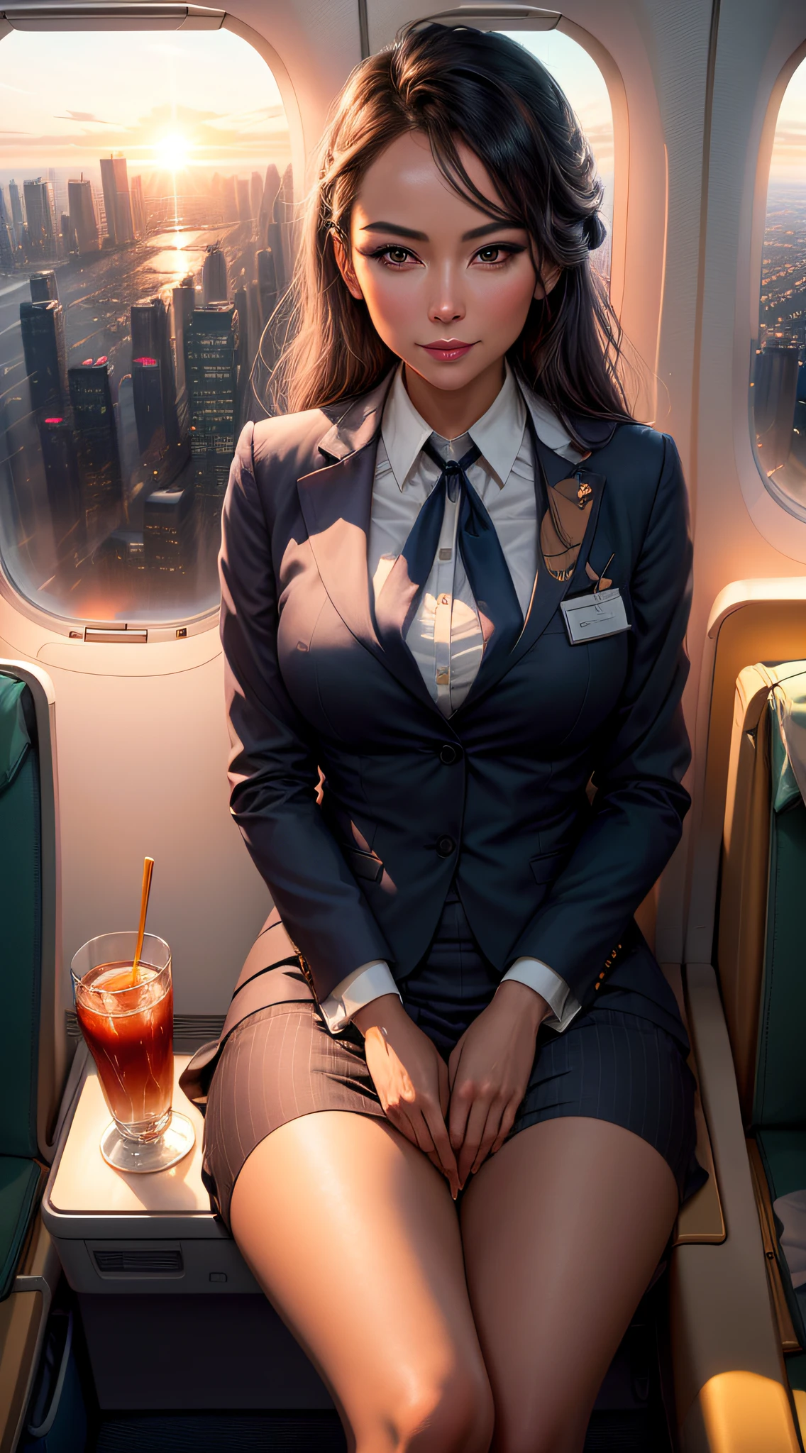 young woman cyborg flight attendant distributes food on board an airplane, walks between the rows with a cart and smiles at passengers, black hair, futuristic flight attendant, (topless:1.3), (small breasts:1.4), (mini skirt:1.4)