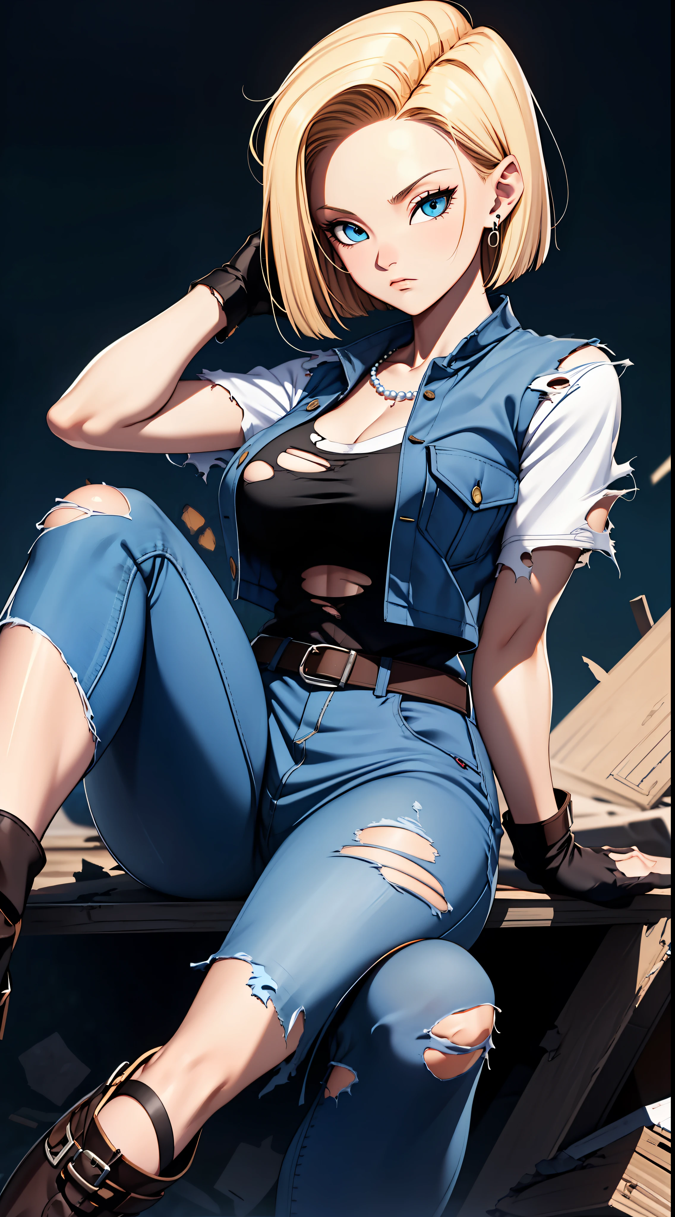 best quality, highres, and18, 1girl, android 18, solo, blonde hair, blue eyes, belt, jeans, pearl_necklace, bracelet, black gloves, white shirt, short hair, short sleeves, earrings, blue pants, open vest, black vest, large breasts, (ruins:1.3), (torn clothes:1.5), sitting, expressionless, crossed legs,