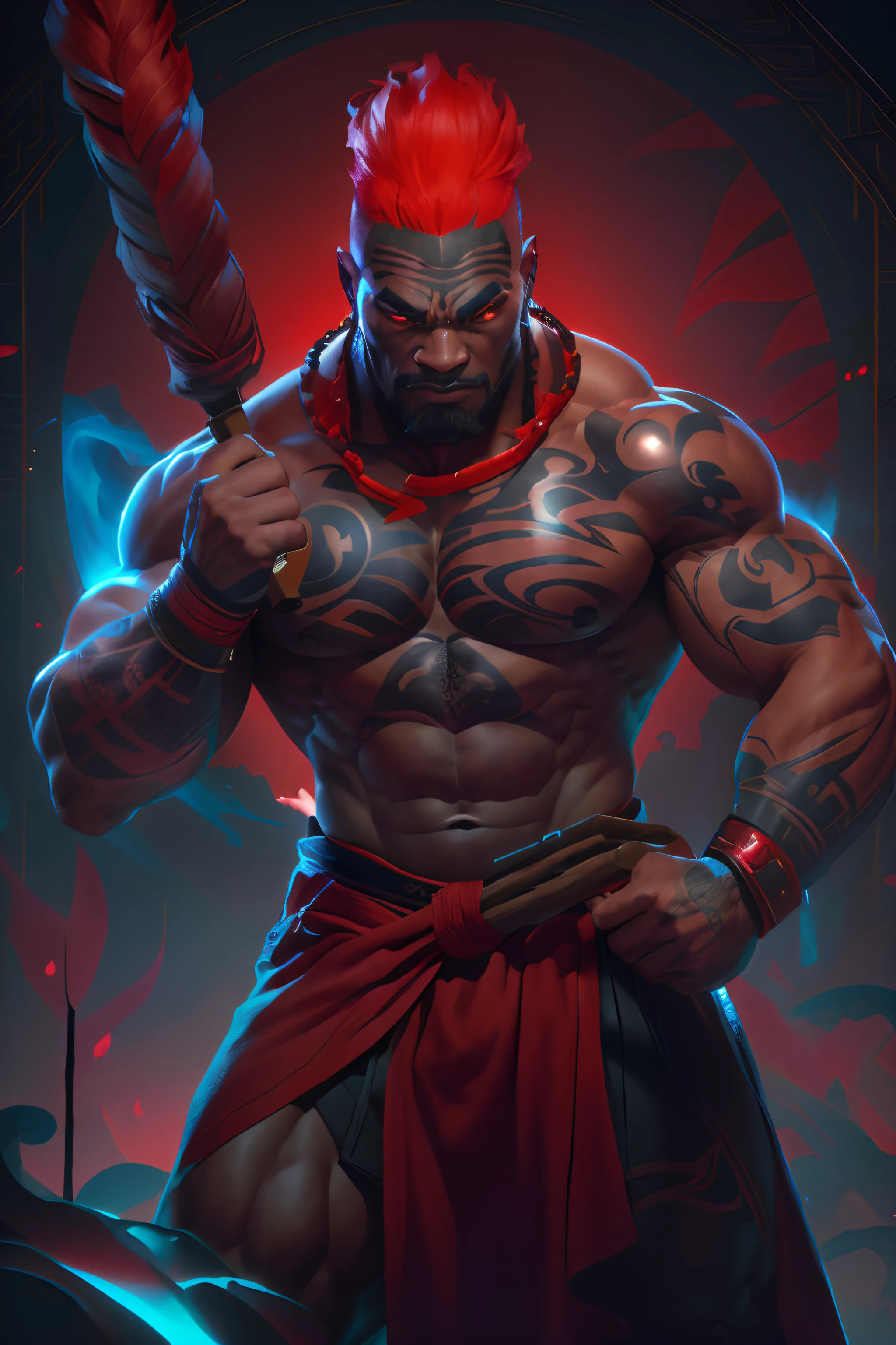 <lora:Tai_Kaliso:0.75> tai_kaliso, topless, cloth, kneel, looking at viewer, (tattoo:1.2), beard, (dark skin:1.1), night, fire, lava, (hell:1.3), barbs, chain, lighting, chubby, pained, (pain:1.3), blood, (scar:1.2)