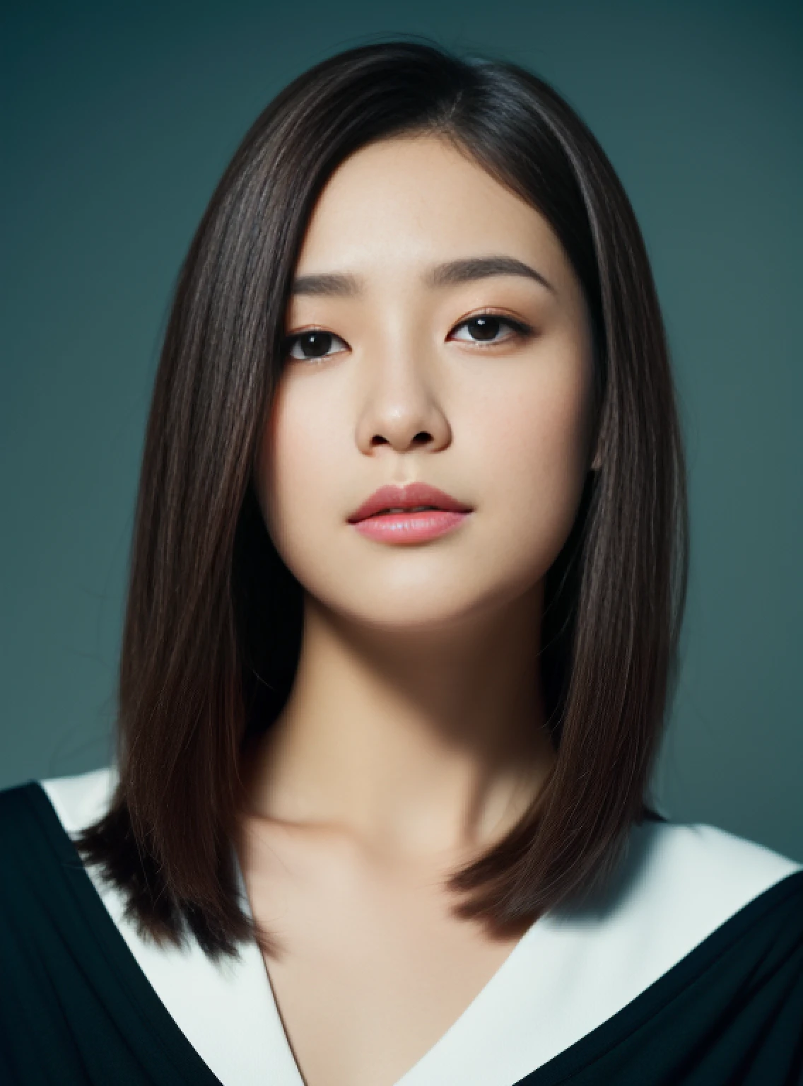 (top-quality、hight resolution、1girl in、Entire upper body、Body front、whole head、closes mouth、lighting on the face、Face shading)Raw photo、Glossy hair、cool、shinny skin、Brown hair、black eyes、Sharp eyes、lofty nose、heavy make-up、Narrow-eyed、japanes、A detailed eye、japanes、Bright photo、Black clothe、Studio Lighting、portlate、simple background、Background bokeh