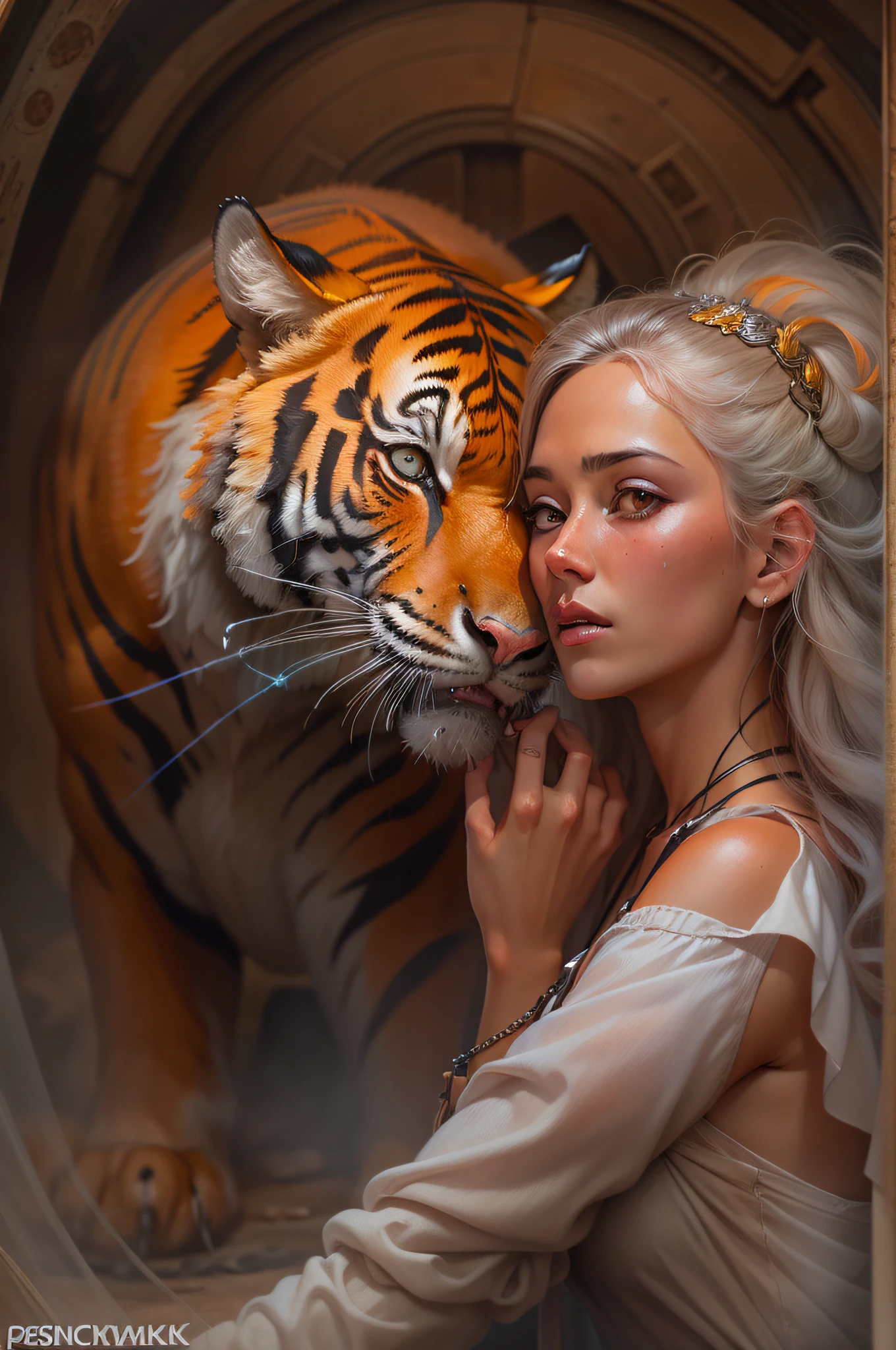 A stunning girl with orange hair and a tiger, her arms are around the neck of the tiger, highly detailed, sharp image, Intricate pose, clarity, Soft lighting, High image quality, Oil paint, ancient painting, ancient art, art by Lee Bogle, cinematic, 4k, epic Steven Spielberg movie still, sharp focus, emitting diodes, smoke, artillery, sparks, racks, system unit, motherboard, by pascal blanche Rutkowski repin artstation hyperrealism painting concept art of detailed character design matte painting, 4 k resolution blade runner.