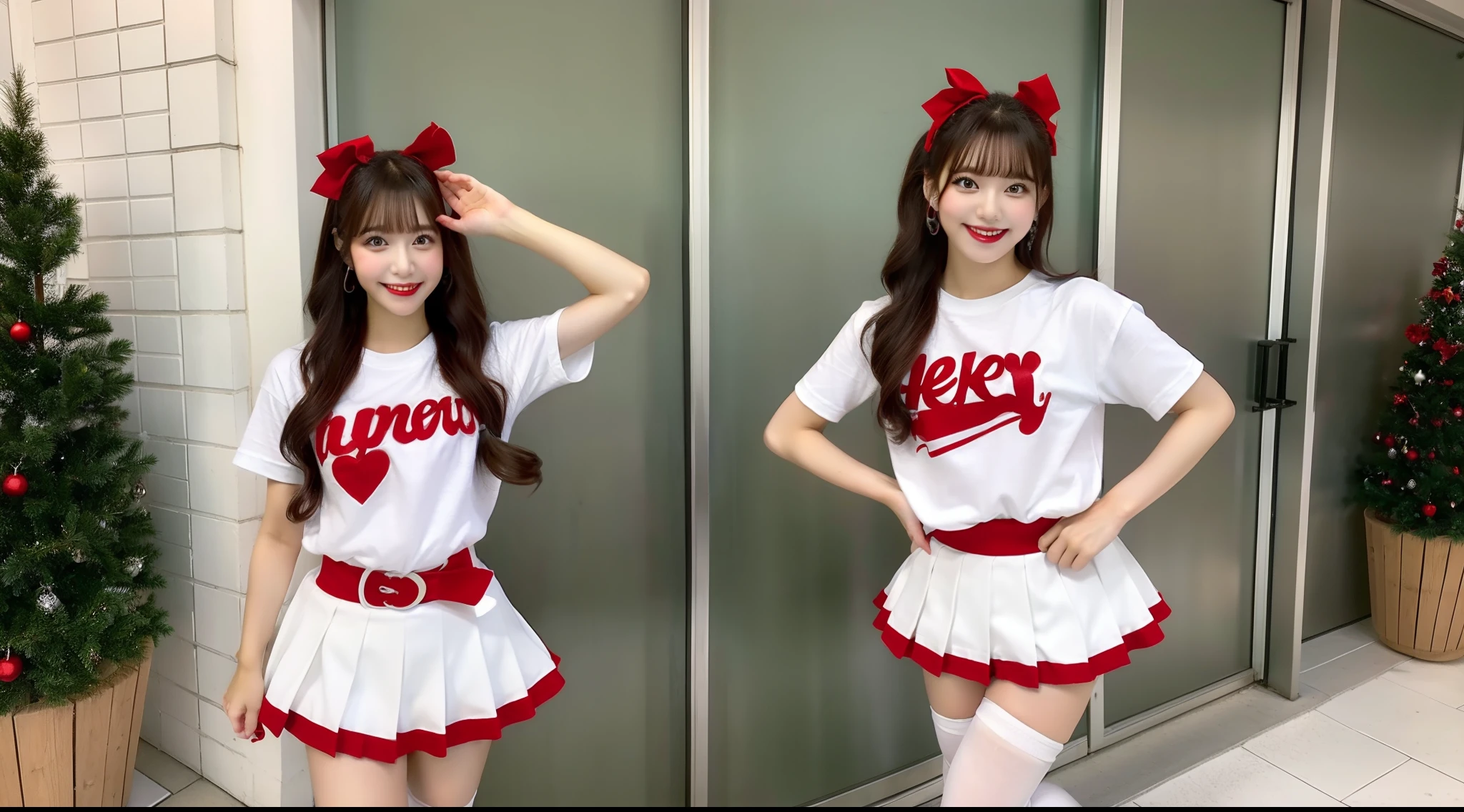 Cheergirl in white t-shirt wearing red miniskirt