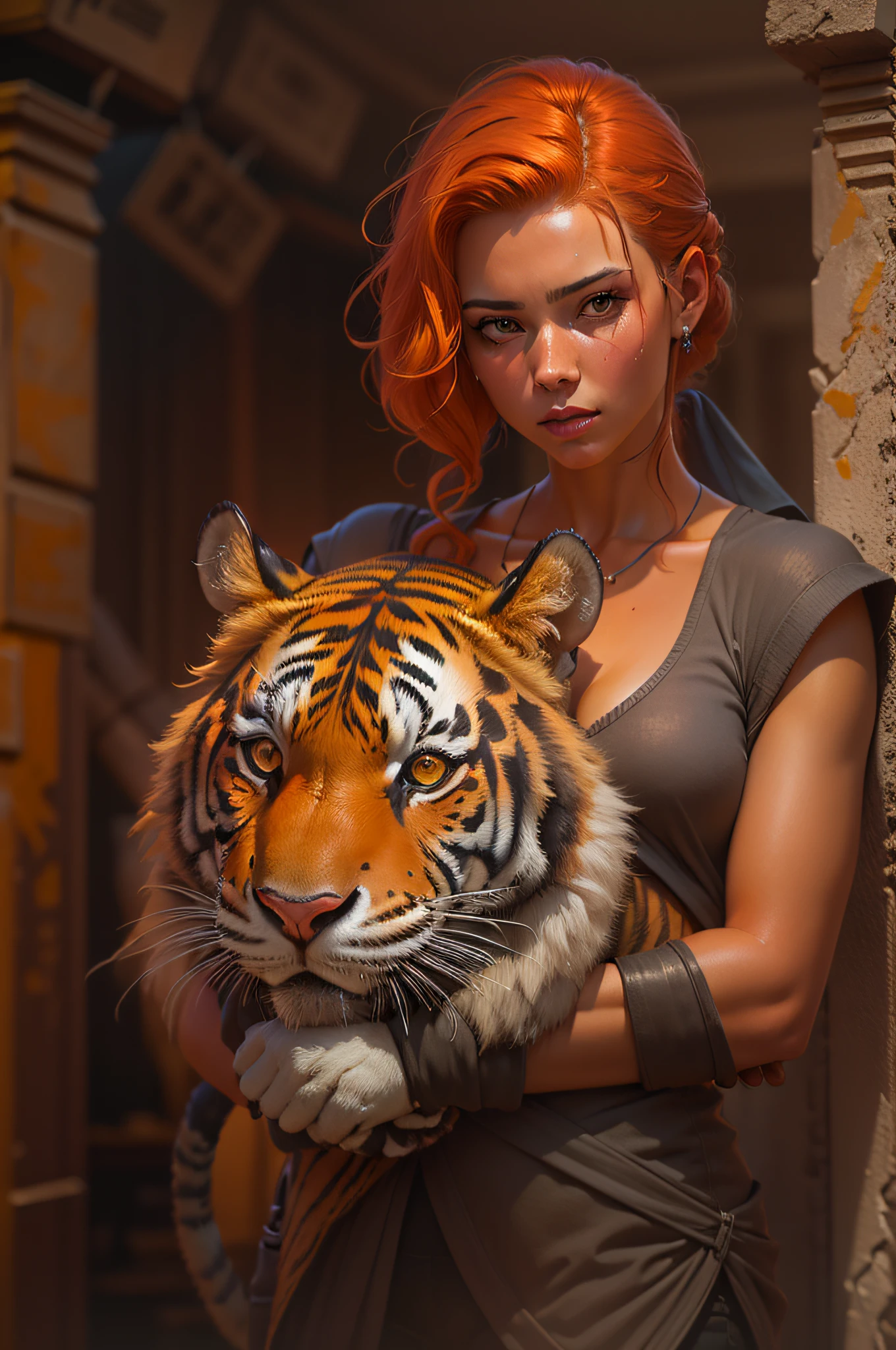 A stunning girl with orange hair and a tiger, her arms are around the neck of the tiger, highly detailed, sharp image, Intricate pose, clarity, Soft lighting, High image quality, Oil paint, ancient painting, ancient art, art by Lee Bogle, cinematic, 4k, epic Steven Spielberg movie still, sharp focus, emitting diodes, smoke, artillery, sparks, racks, system unit, motherboard, by pascal blanche Rutkowski repin artstation hyperrealism painting concept art of detailed character design matte painting, 4 k resolution blade runner.