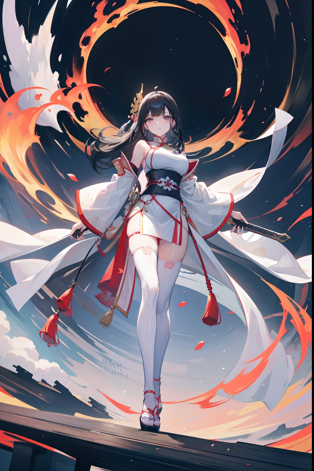 In front of a huge Chinese-style building，Image of a female swordsman holding a sword and a large number of swords，seductiveexpression,Fitted white robe ,black lence stockings，A bunch of black hair，green-eyed,front poses，typhoon，Thunder，Style Artgerm, Full body detail 4K，Dreamlike，and its detailed full-body detail 4K