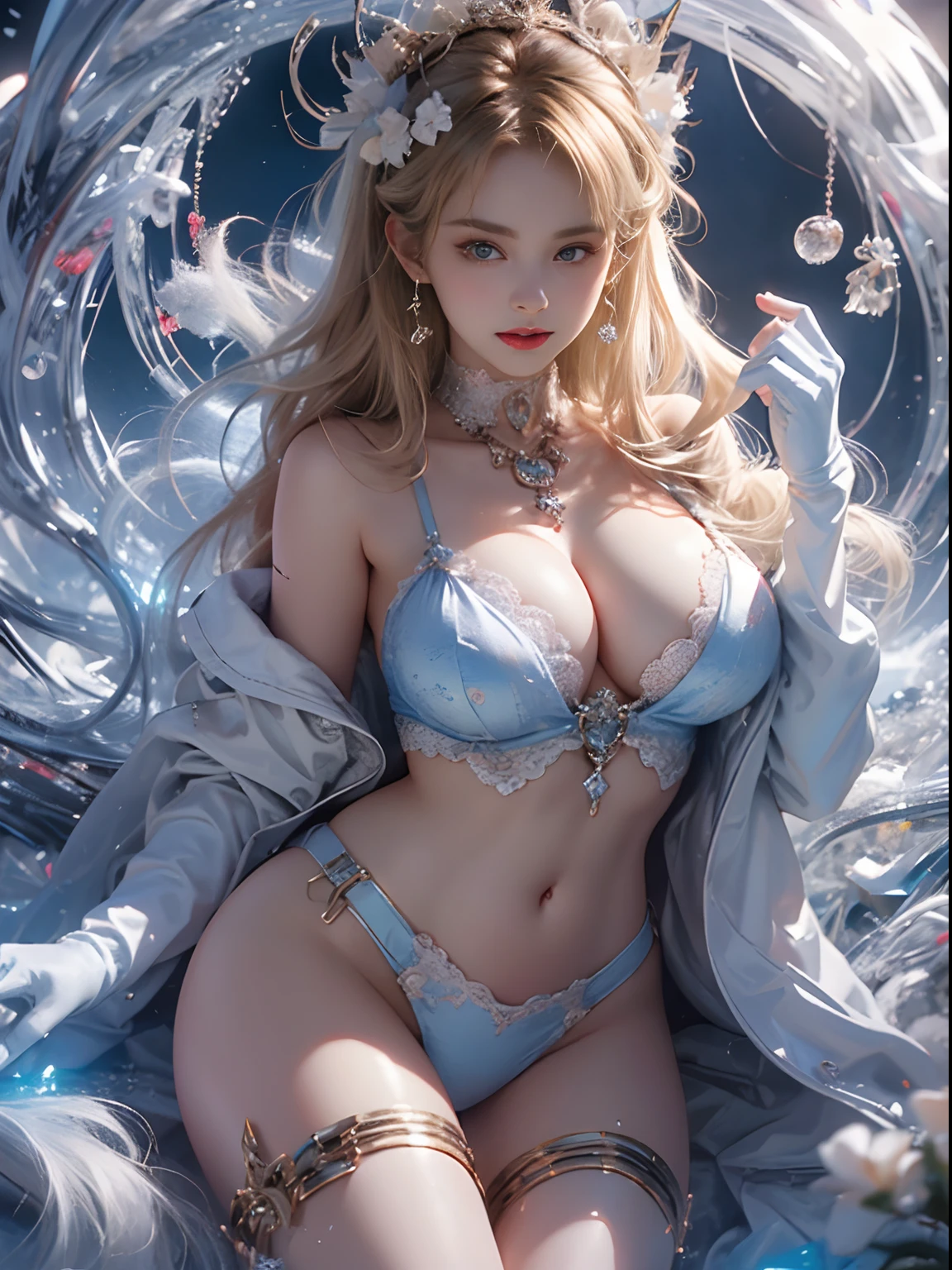 (8k extremely detailed CG unit wallpaper),(best qualtiy),(Best Illustrations),(Best Shadow), (detail: 1.4), 。.。.。.。.。.。.。.。.。.。.3D, nffsw(High dynamic range), light tracing, NVIDIA RTX, Hyper-Resolution, Sub-surface scattering, PBR Texture, Post-processing, Anisotropy Filtering, depthoffield, Maximum sharpness and acutance, Multilayer Texture, Albedo e mapas Speculares, Surface Coloring, Accurate simulation of light-material interactions, Perfectly proportioned, octane renderings, Two-tone illumination, Wide aperture , Low ISO,White Balance,trichotomy,8K Raw,intricate-detail, delicate patterns, deep-shadows, masterpiece, Lifelike, Roughness, A hyper-realistic, photographed in a Canon EOS R5, 50mm Lens, F/2.8, Sharp Focus, Smoothing, Roughness, Real life, photorealistc, Cinematography, 8K UHD,in flower field,Blue Flower Girl,1 girl,独奏,European,Beautiful bride,lightsmile,Highly detailed blonde hair,maturefemale,Sky Blue Gossamer Veil,Sky blue gossamer cloak,Sky blue Gossamer coat,Sky blue gossamer skirt,Sky blue lace underwear,Sky Blue Lace,Sky Blue Gossamer Gloves,gargantilha,earrings,jewely,trinkets,Head dress,Hand ornaments,leg ornaments,high-heels,Huge breasts,Large breasts,Big boob,Burst breasts,Big breasts,Plump breasts,Expose your breasts,uncovered breasts,Narrow waist,Bare ass,ass large,Bare belly,Bare navel,Wet,Wet body,sweating body,Shiny skin,