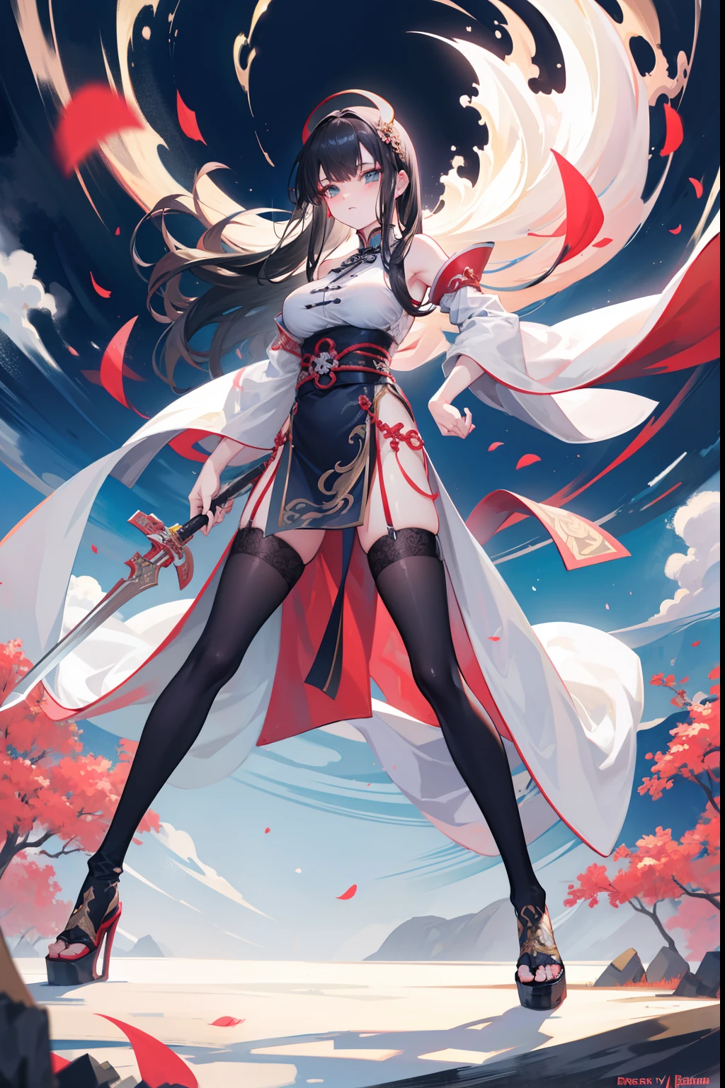 In front of a huge Chinese-style building，Image of a female swordsman holding a sword and a large number of swords，seductiveexpression,Fitted white robe ,black lence stockings，A bunch of black hair，green-eyed,front poses，typhoon，Thunder，Style Artgerm, Full body detail 4K，Dreamlike，and its detailed full-body detail 4K