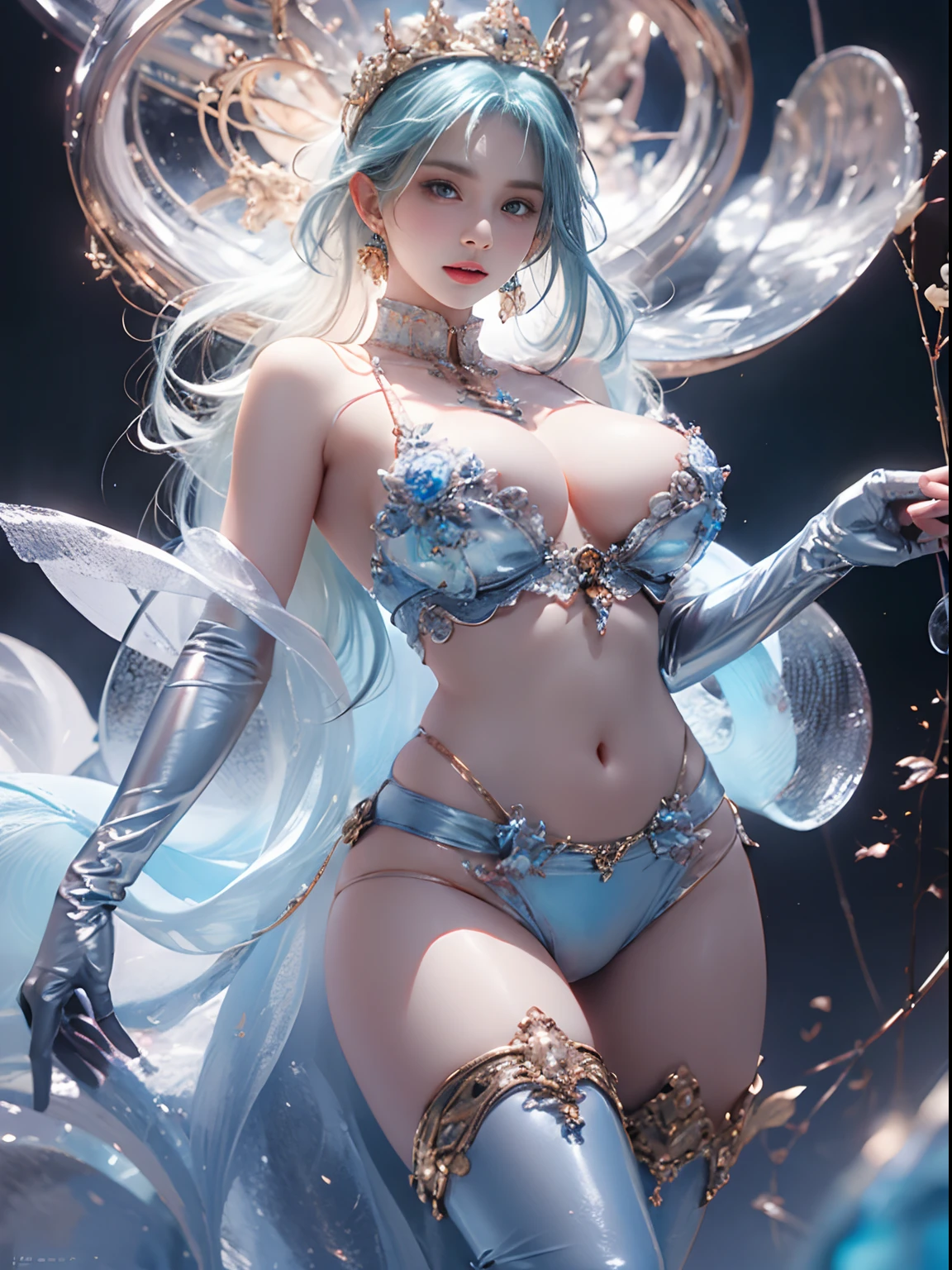 （8k extremely detailed CG unit wallpaper），（best qualtiy），（Best Illustrations），（Best Shadow）， （detail： 1.4）， 。.。.。.。.。.。.。.。.。.。.3D， nffsw（High dynamic range）， light tracing， NVIDIA RTX， Hyper-Resolution， Sub-surface scattering， PBR Texture， Post-processing， Anisotropy Filtering， depthoffield， Maximum sharpness and acutance， Multilayer Texture， Albedo e mapas Speculares， Surface Coloring， Accurate simulation of light-material interactions， Perfectly proportioned， octane renderings， Two-tone illumination， Wide aperture ， Low ISO，White Balance，trichotomy，8K Raw，intricate-detail， delicate patterns， deep-shadows， ​masterpiece， Lifelike， Roughness， A hyper-realistic， photographed in a Canon EOS R5， 50mm Lens， F/2.8， Sharp Focus， Smoothing， Roughness， Real life， photorealistc， Cinematography， 8K UHD，in flower field，Blue Flower Girl，1 girl，独奏，European，Beautiful bride，lightsmile，Highly detailed blonde hair，maturefemale，Sky Blue Gossamer Veil，Sky blue gossamer cloak，Sky blue Gossamer coat，Sky blue gossamer skirt，Sky blue lace underwear，Sky Blue Lace，Sky Blue Gossamer Gloves，gargantilha，earrings，jewely，trinkets，Head dress，Hand ornaments，leg ornaments，high-heels，Huge breasts，Large breasts，Big boob，Burst breasts，Big breasts，Plump breasts，Expose your breasts，uncovered breasts，Narrow waist，Bare ass，ass large，Bare belly，Bare navel，Wet，Wet body，sweating body，Shiny skin，
