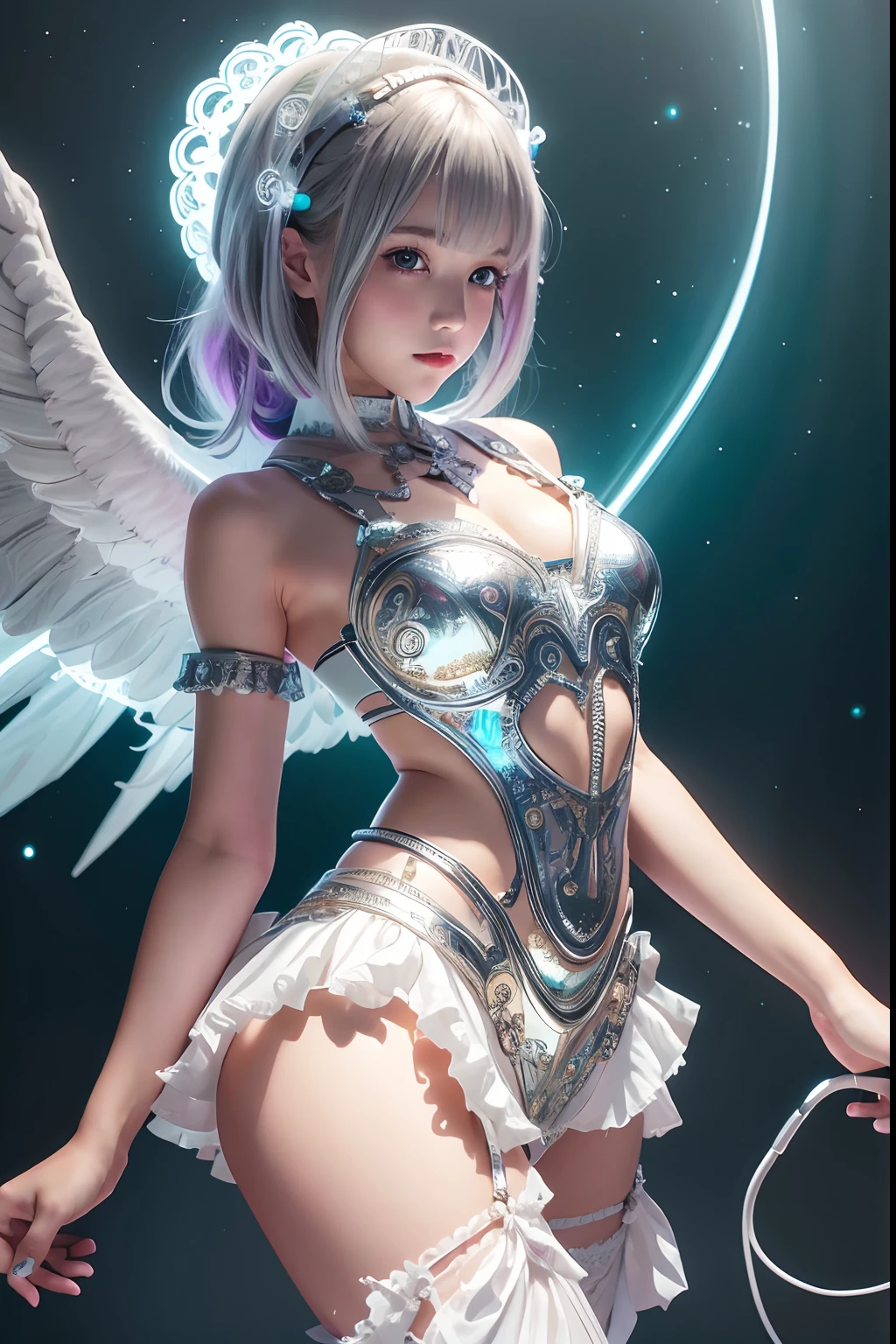 Cyborg, Girl, Beautiful girl, Cute, Sexy, Strong, Slender, Delicate, Smile, (ta costume), High legs, Metallic, ultra color, paisley, Headgear, mandalas, Near future, Heaven, angel, feater, wing, Helix lamp