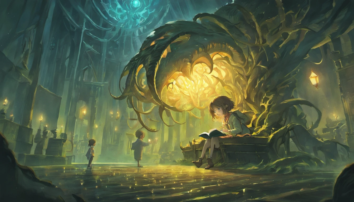 [ultra detailed], (extremely detailed), Dynamic angle, 6 years old beautiful child sitting on a bench reading a book, (magic book) English park at night, 19th century English lamppost light, Nightmare illustration, An eerie fantasy illustration, Fantasy book illustration, Lovecraft illustration, inspired by H.P. Lovecraft, Storybook illustration, Nightmare in the park, Inspired by Lovecraft, Dark fantasy illustration, Lovecraft art, Storybook illustration, Storybook illustration, ((Tentacled monster in the back)), Realistic fantasy illustration, streaked hair, light brown hair, glowing eyes, flustered, depth of field, cinematic lighting, ray tracing, god rays, vanishing point, from below, Wide-Angle, Romanticism, Romanticism, Romanticism, En plein air, cinematic lighting, god rays, backlighting, 35mm, Canon, atmospheric perspective, high details, best quality, 8k, Masterpiece, best quality, 8k, award winning, UHD, anatomically correct, best quality