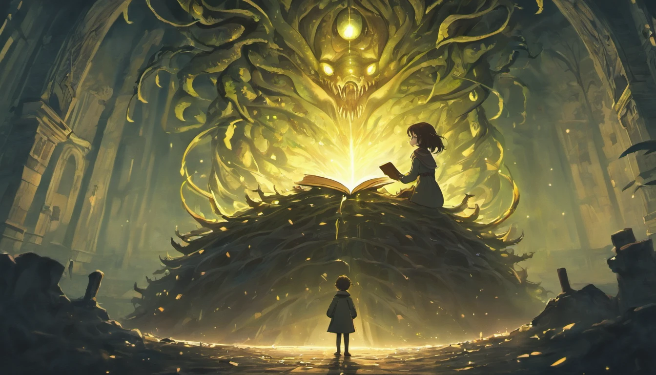 [ultra detailed], (extremely detailed), Dynamic angle, 6  beautiful child siton a bench reading a book, (magic book) English park at night, 19th century English lamppost light, Nightmare illustration, An eerie fantasy illustration, Fantasy book illustration, Lovecraft illustration, inspired by H.P. Lovecraft, Storybook illustration, Nightmare in the park, Inspired by Lovecraft, Dark fantasy illustration, Lovecraft art, Storybook illustration, Storybook illustration, ((Tentacled monster in the back)), Realistic fantasy illustration, streaked hair, light brown hair, glowing eyes, flustered, depth of field, cinematic lighting, ray tracing, god rays, vanishing point, from below, Wide-Angle, Romanticism, Romanticism, Romanticism, En plein air, cinematic lighting, god rays, backlighting, 35mm, Canon, atmospheric perspective, high details, best quality, 8k, Masterpiece, best quality, 8k, award winning, UHD, anatomically correct, best quality