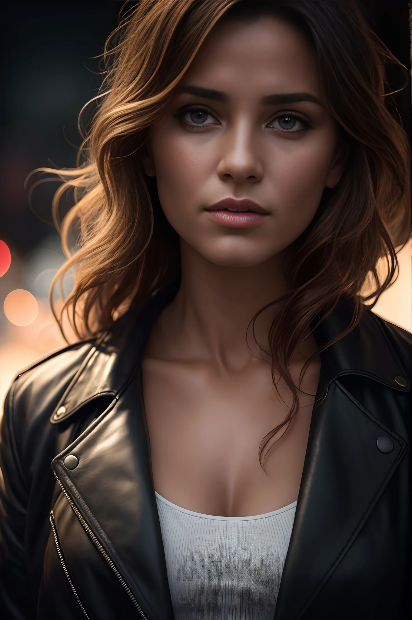 American Plan, ultra net, Face camera, sur fond uni clair, studio, beautiful young woman resembling young April Hunter, 30 ans, yeux bleus, casual wear : Dirty old dark smuggler's dark brown leather bomber jacket,silk shirt, faible revenu, Photorealistic portrait, Perfect detailed body, Stunning realistic photography, rendu 3D, rendu octane, meticulously detailed, cinematic, isometric, Hyperrealistic cover photo centered, awesome color, high-definition, cutscene, gagnant du concours Behance, ultra high def, 8k, mise au point ultra nette, Intricate masterpiece of art
