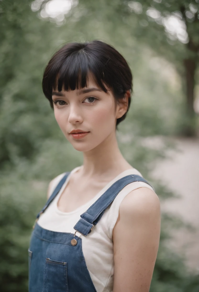 a young woman with Short black hair with flat bangs standing outside, in the style of cool,White sports suspenders and baggy jeans, zeiss planar t* 80mm f/2.8, kodak portra, uhd image, sovietwave, distinct facial features,