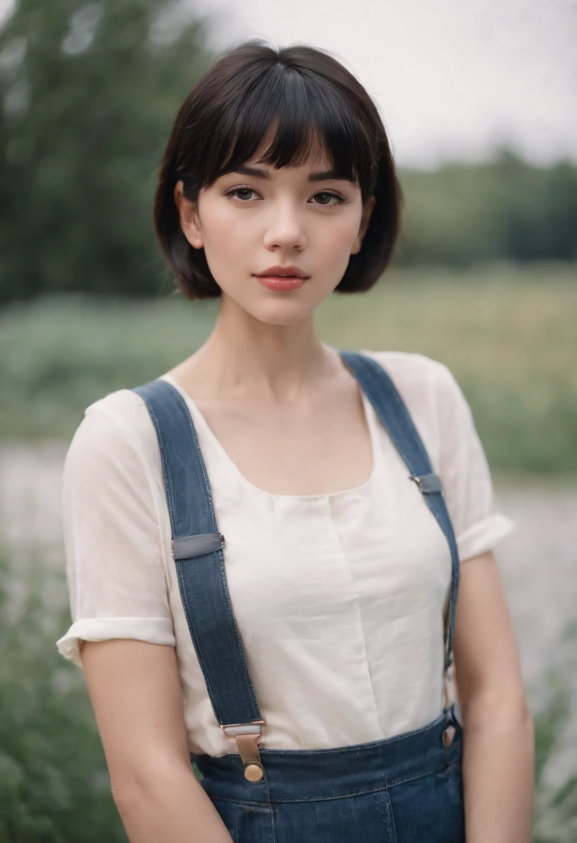 a young woman with Short black hair with flat bangs standing outside, in the style of cool,White sports suspenders and baggy jeans, zeiss planar t* 80mm f/2.8, kodak portra, uhd image, sovietwave, distinct facial features,