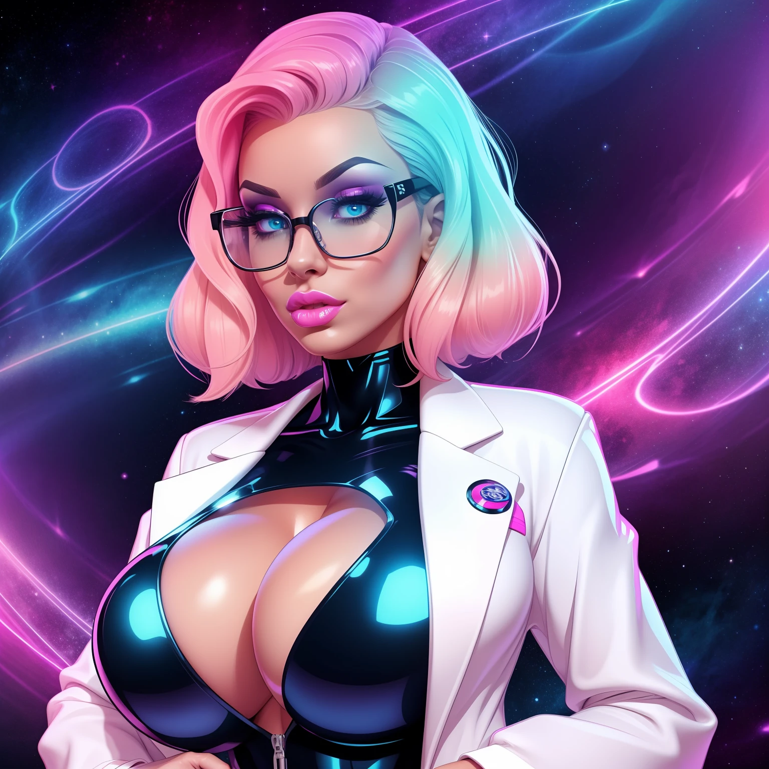 Solo, 1girl, (ThePit Bimbo:1.2), pastel pink hair styled in loose waves, lab coat, (sci-fi style:0.8), bodysuit, cleavage focus, dark makeup, 8k, high definition, huge resolution, (huge lips:1.2), moody lighting, glowing skin, nipple definition, blue eyes, eyelashes, high cheekbones, bubble butt, narrow waist, wide hips, huge breasts, breast enhancements, sexual expression, stellar background, tentacle background, glasses