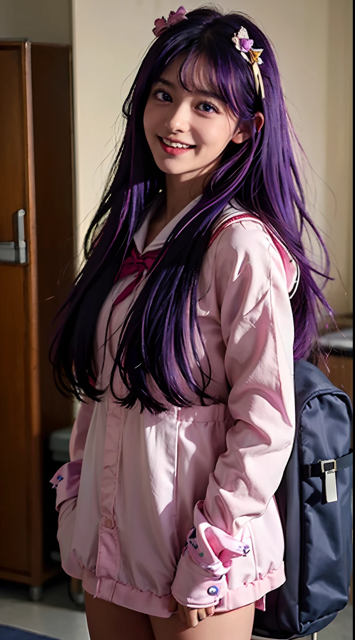 masterpiece, best quality, (1 girl,), six-point stars in the eyes, (Ai Hoshino), purple hair, happy, hair accessories,((high quality)), at school, school sailor anime uniform, wearing a backpack, bright, happy expression, smiling, long hair, flowing hair, slim body, standing by the lockers