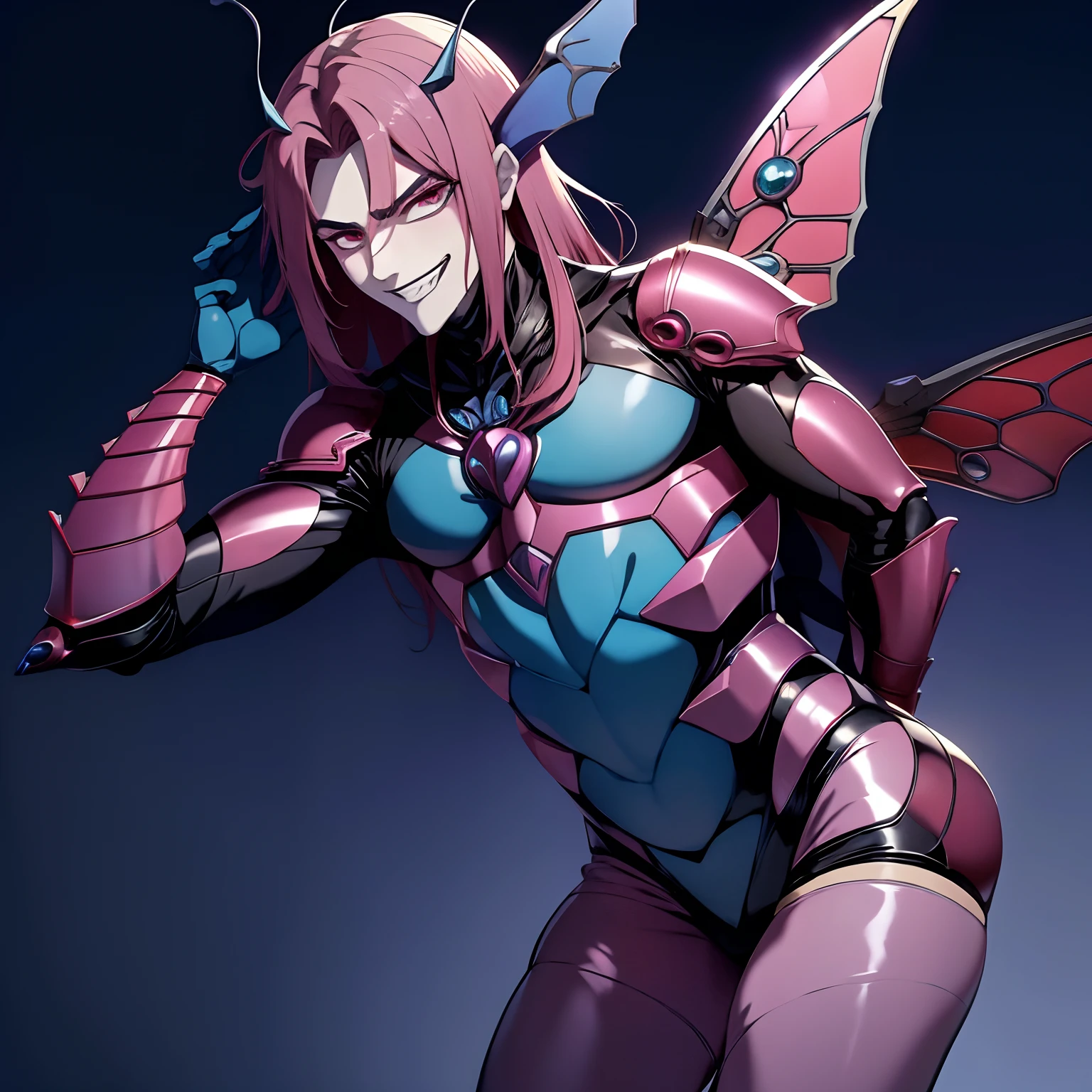 Hot, beautiful insect butterfly man, ((Guyver style)), evil smile, scaraber reploid, bellows tail, cel shade adult animation, alien king , Long pink hair,CRAZY EYES,YAMEROYANDERE,SHADED FACE,