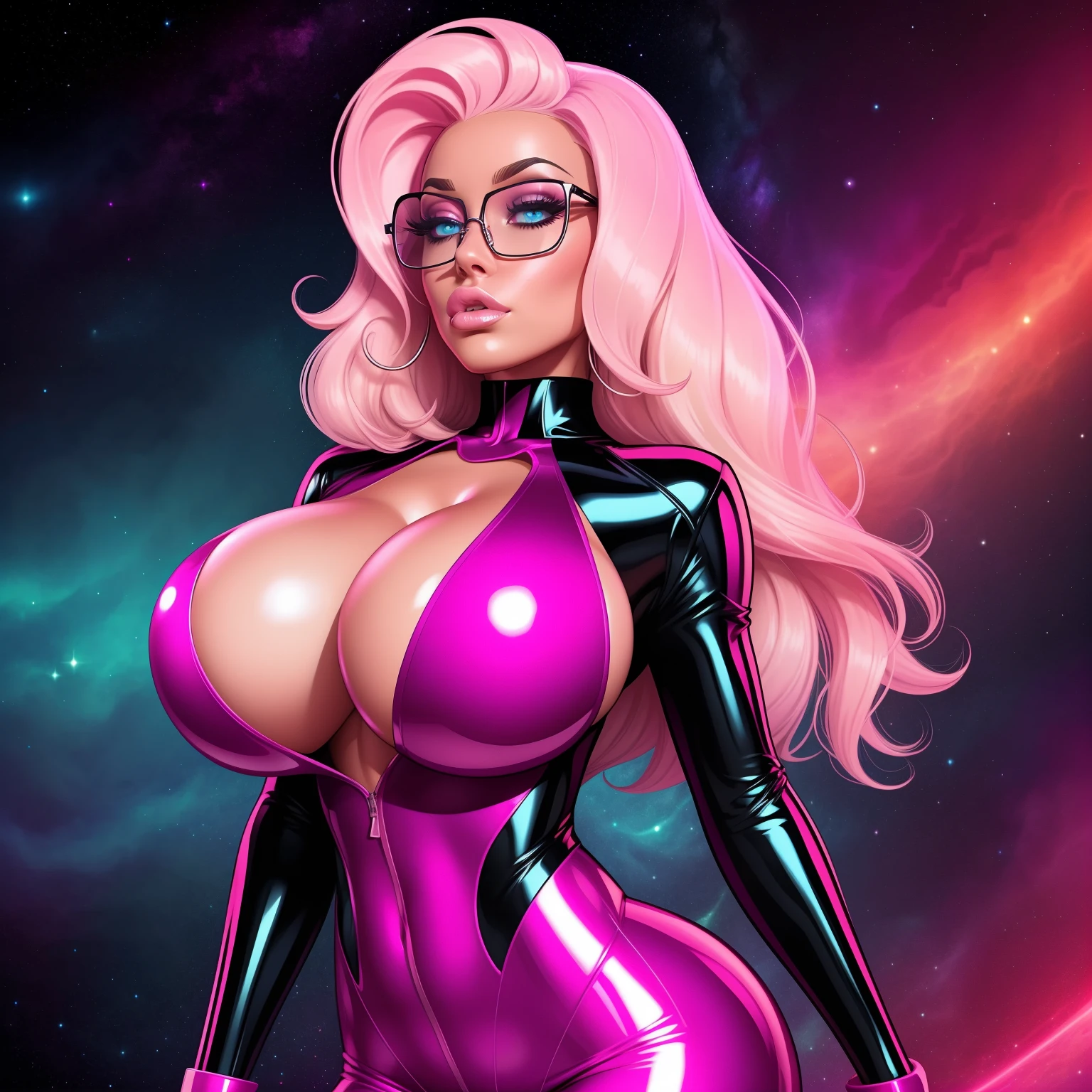 Solo, 1girl, (ThePit Bimbo:1.2), pastel pink hair styled in loose waves, lab coat, (sci-fi style:0.8), bodysuit, cleavage focus, dark makeup, 8k, high definition, huge resolution, (huge lips:1.2), moody lighting, glowing skin, nipple definition, blue eyes, eyelashes, high cheekbones, bubble butt, narrow waist, wide hips, huge breasts, breast enhancements, sexual expression, stellar background, tentacle background, glasses