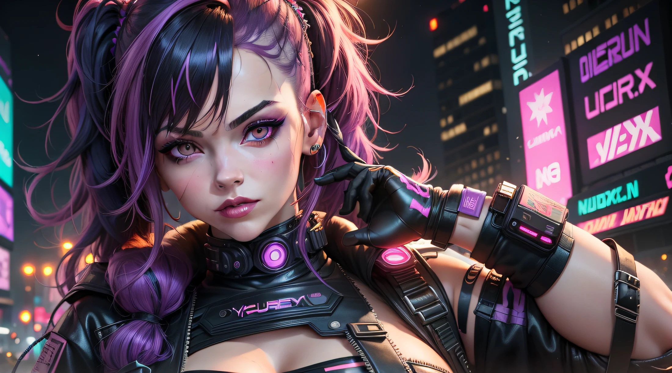 lucy \(cyberpunk\), 1girl, hair scrunchie, cut, Black and purple hair, colored tips, full moon, Orange eyes, looking at viewer, soft lighting, soft smile, medium hair, multicolored hair, parted lips, pink hair, portrait, red eyeliner, red lips, solo, cyberpunk \(series\), night in cyberpunk city with glowing neon lights