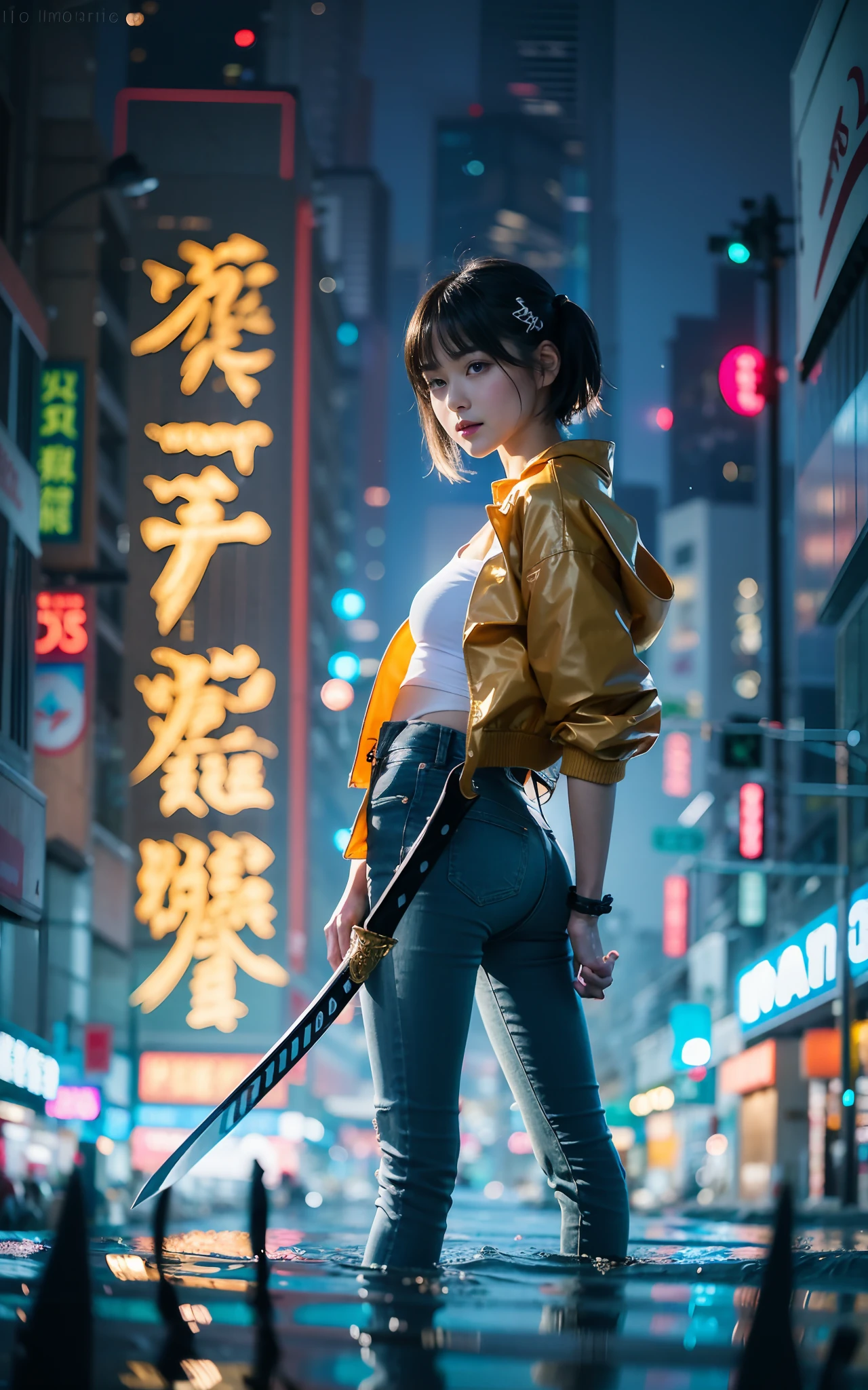 photos realistic, Cinematic poster, The title of the film says:"frog" With subtext says:"Black rain," Shows the deeply sunken city of Tokyo in a sexy and cool state, Natural short hair age girl in modern boyish clothes, White T-shirt and slim black denim、Light vintage yellow rain jacket, She has a long sword, Cool Pose, photos realistic, Beautiful rendering of reflective water surface, Flickering pink and orange neon signs say:"frog", 8K, Wallpaper, (credibly_absurderes,Huge_filesize:1.37),(masterpiece:1.37),(top-quality:1.37),(realisitic,Photorealsitic:1.2),Ray traching,Realistic lighting,(illuminations,Glow),((film grains:1.37)),(Exquisite details and textures:1.2),(8K分辨率:1.2),(ultra -detail:1.2),(Sharp Focus 1.2),(Raw photography:1.0),(Beautiful Detail Face、Beautiful Detail Eye、 radiant eyes、long eyeslashes、blush of the nose:1.2)、((((perfect anatomia))))、full body Esbian、Ceremony、1girl in、独奏、a beauty girl、High class、(A slender:1.37)、(cute face)、(Natural glowing skin:1)、(Detailed natural skin、detailed skin textures、Detailed black hair、Well-formed hairstyles)、Facial light、(ciinematic light)