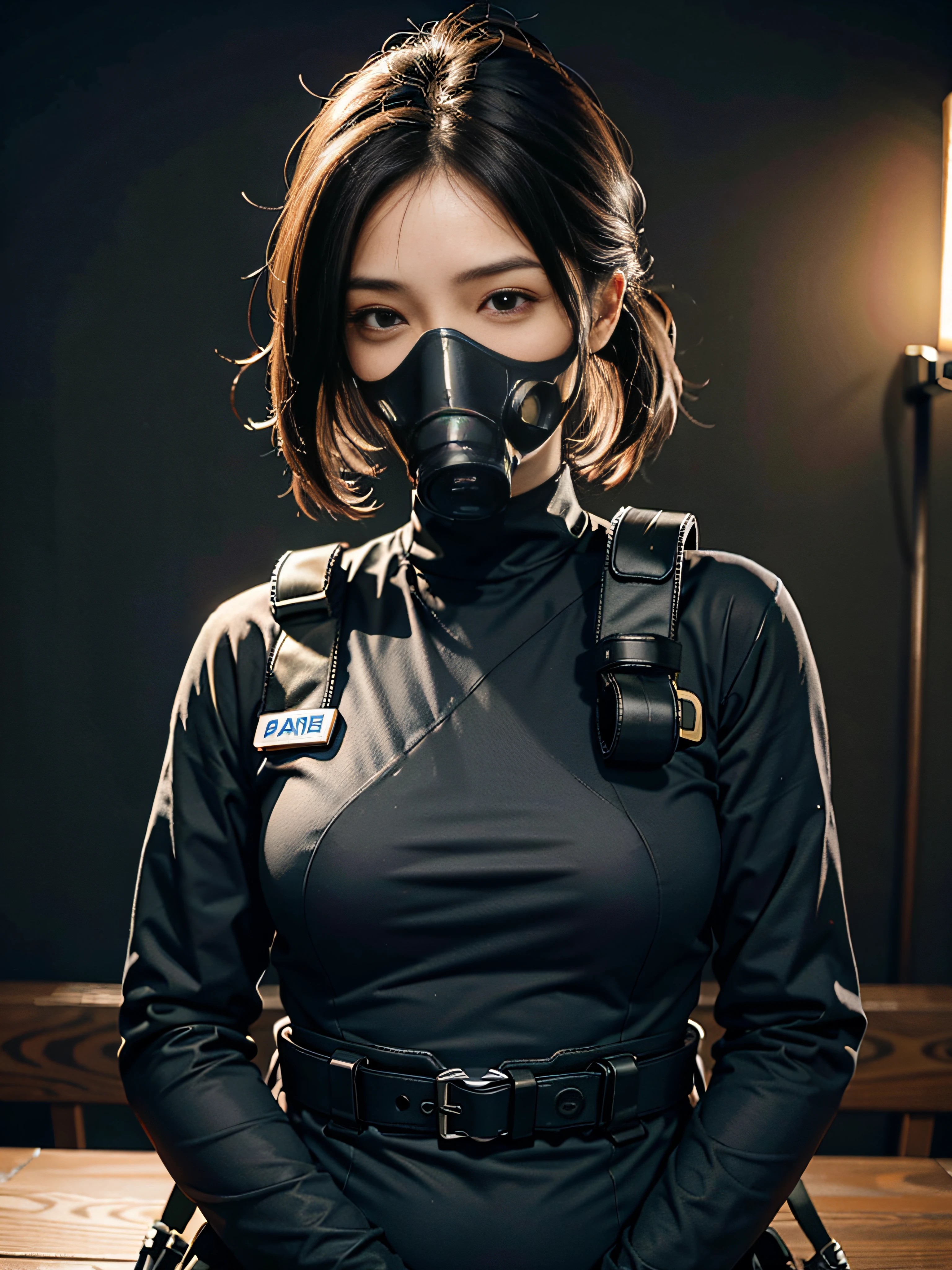 Highest image quality, outstanding details, ultra-high resolution, (realism: 1.4), ((close up:0.75)), highly condensed 1 lady, with beautiful and a delicate face, perfect proportion, aiming the viewer, ((aiming the viewer)), (chubby:0.3, small breasts), (cloths color base ratio 0.7 black:0.1 other-color:0.2), (wearing rash-guard likes police uniform, wearing high-tech heavy gasmask, military harness, holding a electric knighf), background simple black wall,