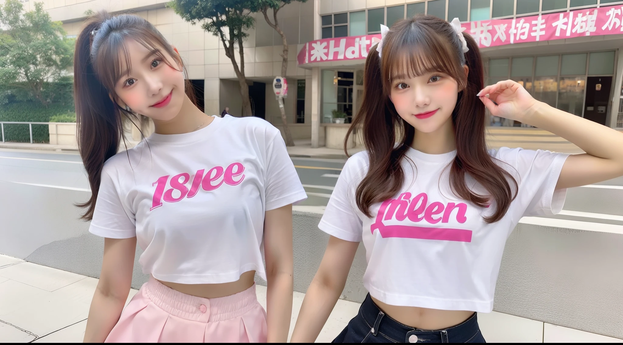 18-year-old cheergirl wearing white T-shirt and pink miniskirt