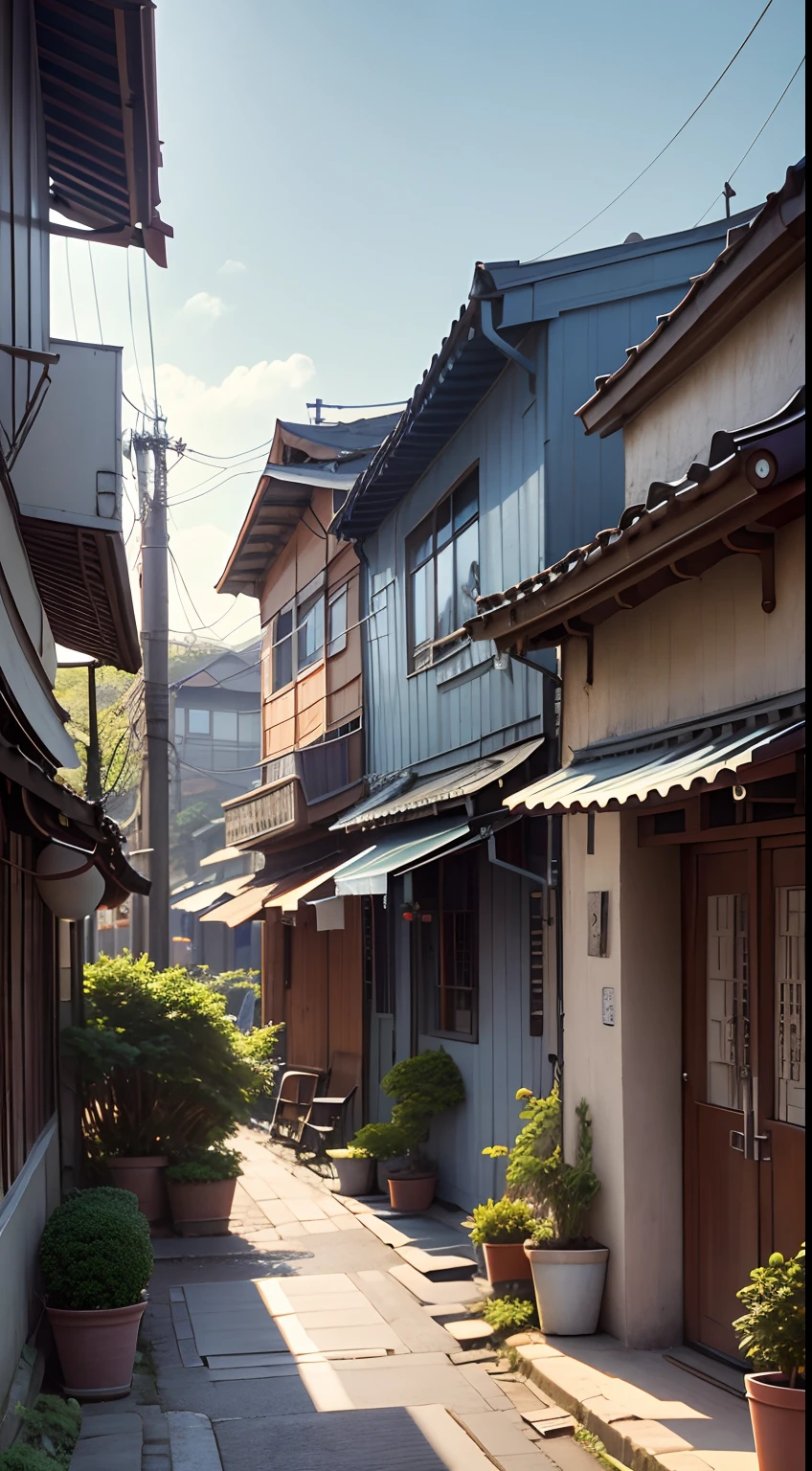 Gangnam Town，Blue tones，Simple small low building，alleys，Small Stone Bridge，nostalgia，HD 16K.photorealestic，Vista sky，Close-up town