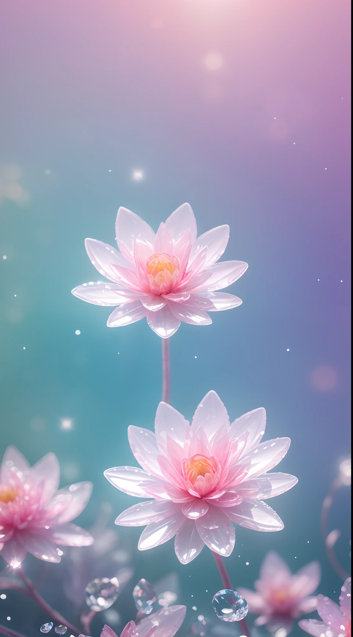 Crystal spring flower,Pink white gradient,water drop,Fantastical, galaxies, Transparent,, Pink white gradient,water drop,Light blue leaves,Sparkle, Sparkle, brilliance, Water,colorful,, Magical photography of light blue leaves, dramatic illumination, Photo realism, Ultra detailed, 4k, depthoffield, high resolusion