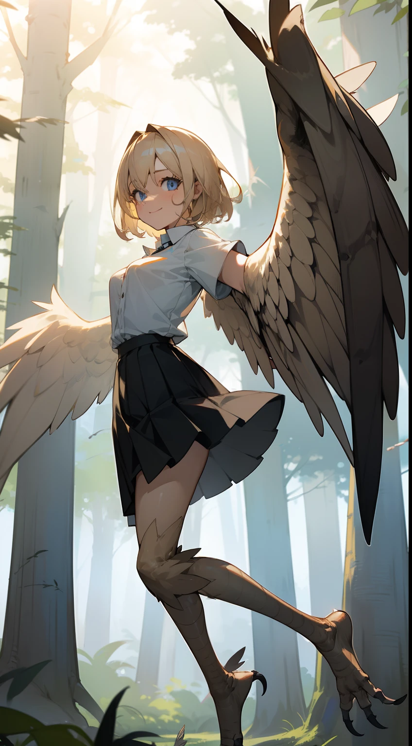 1girl,solo,happy face,white shirt,black skirt,medium tits,light blonde hair,short hair,blue eyes,harpy,(((light blonde wings))),claws,no arms,(((flying standing in front of a forest)))