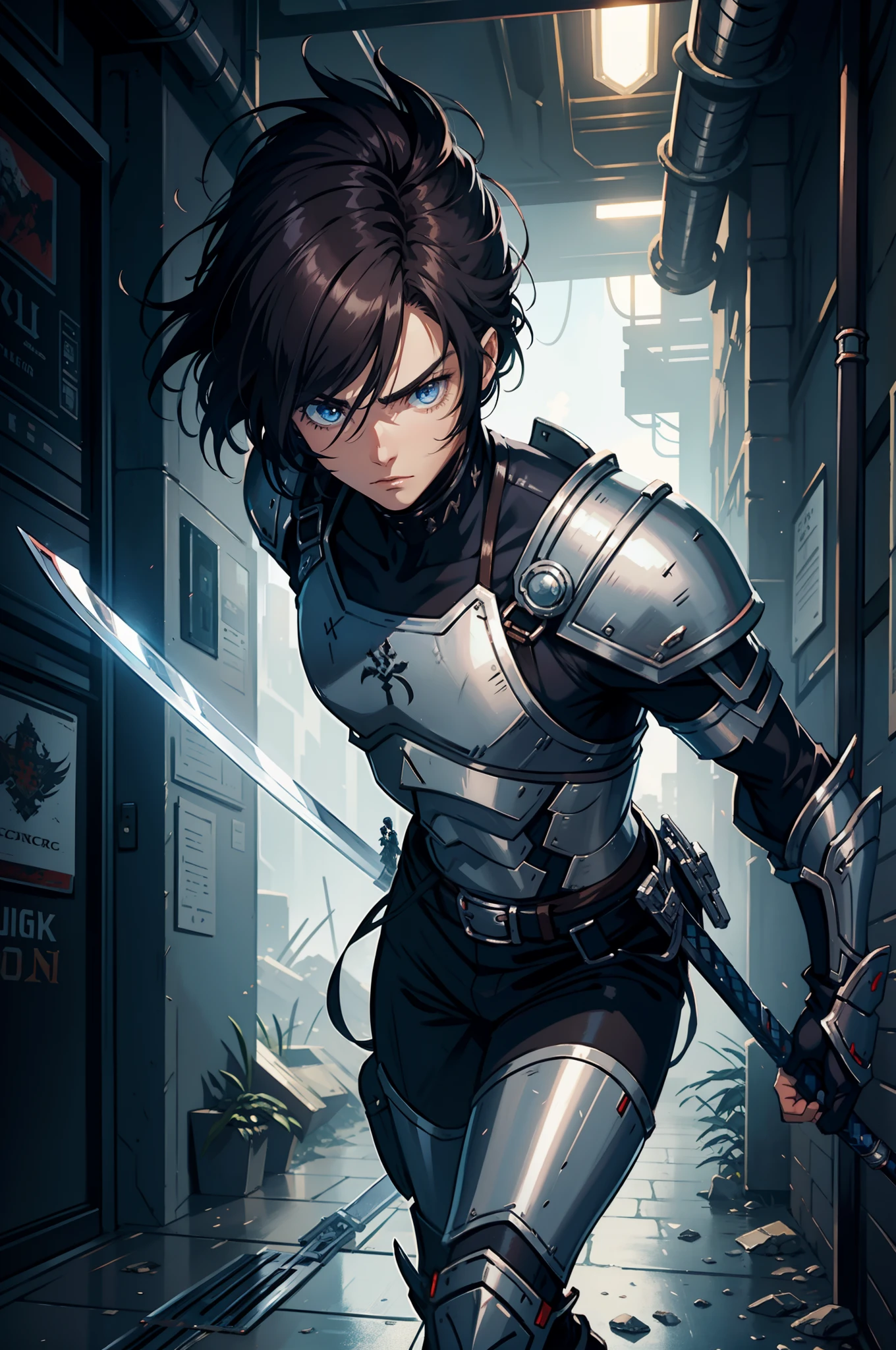 （There is a figure painting of a man with hair，swordsmen，up-close，Armor）  ；swordsmen，cyber punk perssonage，The sword