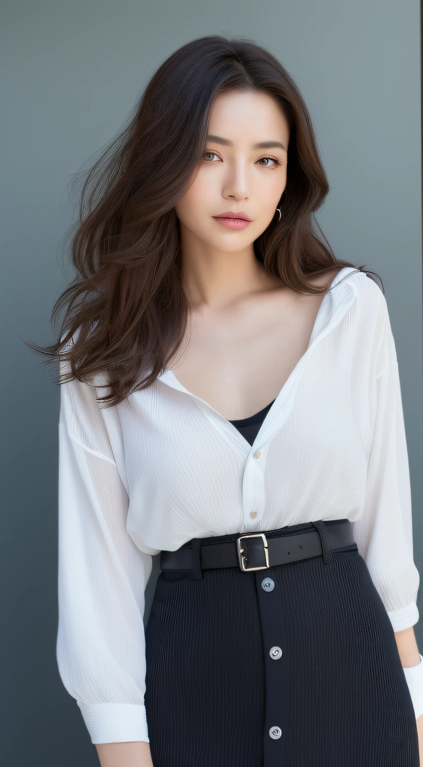 (highest quality, High resolution, masterpiece :1.3), tall and beautiful woman, thin abs, loose wavy dark brown hair, chest, wear a pendant, white button up shirt, belt, black skirt, (modern architecture in the background), Precisely expresses details such as face and skin texture, fine eyes, double eyelid、((No panties:1.5))