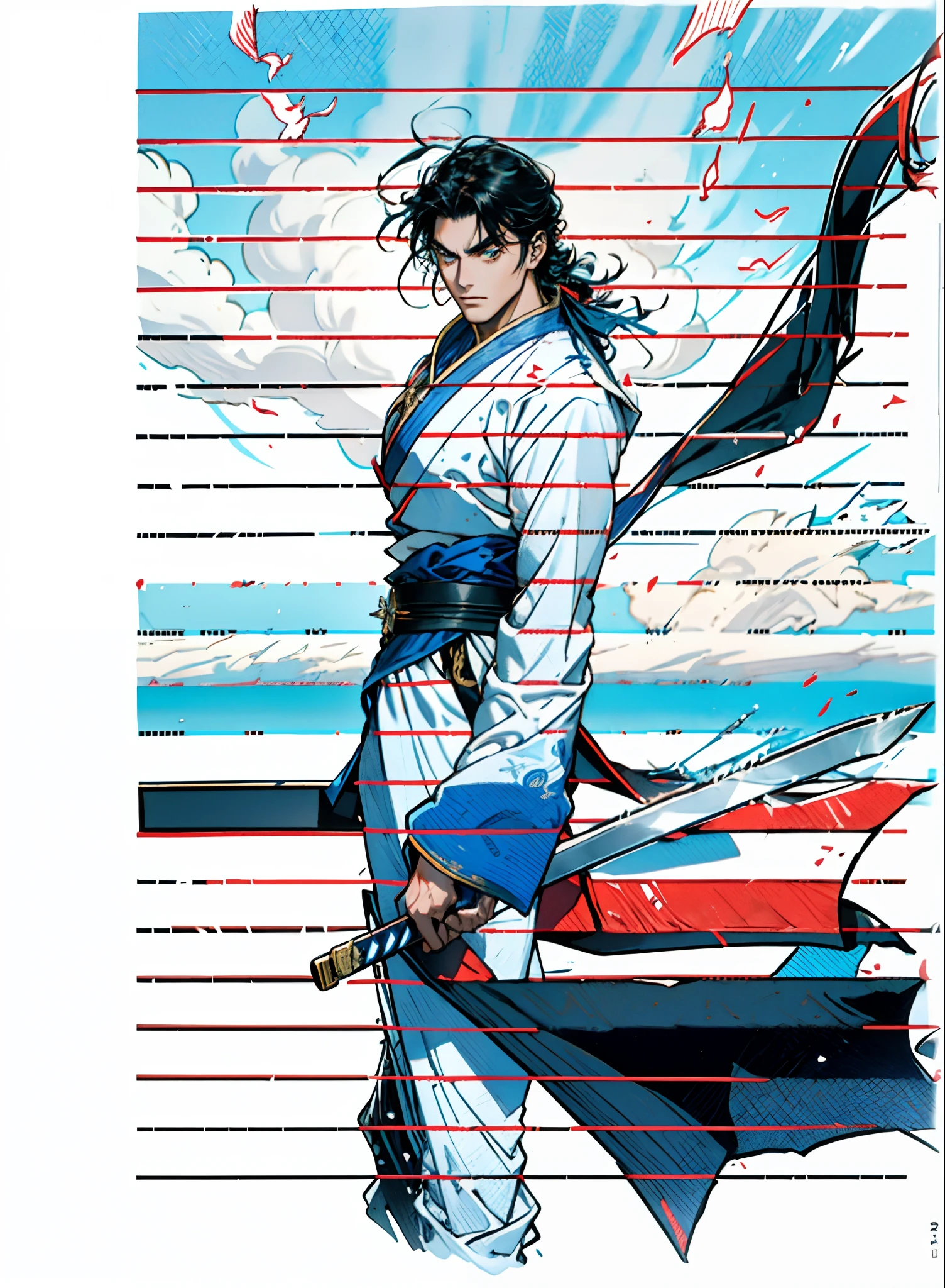 A young man with thick jet-black hair, Medium-length hair, clear and bright eyes, a relaxed and composed demeanor, handsome features, stands by the side of a vast and bright lake, dressed in a loose white robe, the hem flowing gracefully in the wind, wide sleeves, a sky-blue sash is tied around his waist, he wears loose white trousers, he holds a longsword with a black scabbard, a longsword with a black scabbard, he radiates an aura of transcendence and elegance under the sunlight, under the sunlight, this character embodies a finely crafted Chinese martial hero design in anime style, characterized by a sophisticated and mature manga illustration art style, high definition, best quality, highres, ultra-detailed, ultra-fine painting, extremely delicate, professional, anatomically correct, symmetrical face, extremely detailed eyes and face, high quality eyes, creativity, RAW photo, UHD, 8k, Natural light, cinematic lighting, masterpiece:1.5