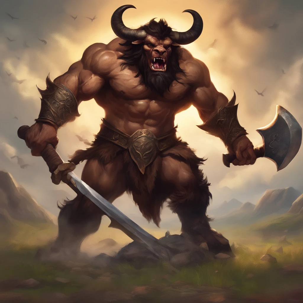 Struck by lightning(Black minotaur:1.5)，（A monster with a minotaur with a tomahawk：1.8），sense of strength，Standing cow with an axe，Painful expression，(The minotaur raised its head and roared into the sky:2)，funk，shudder，The current spreads around，Medieval landscape，Fantastical，4K，best qualtiy，primitive，（(Ultra-detailed and high-precision details))，Power Hero & Magic 3，Fantastical，The background is the canyon plain，The scene is impressive，(Struggling in pain:1.8),break one's heart，Pained and uncomfortable expressions