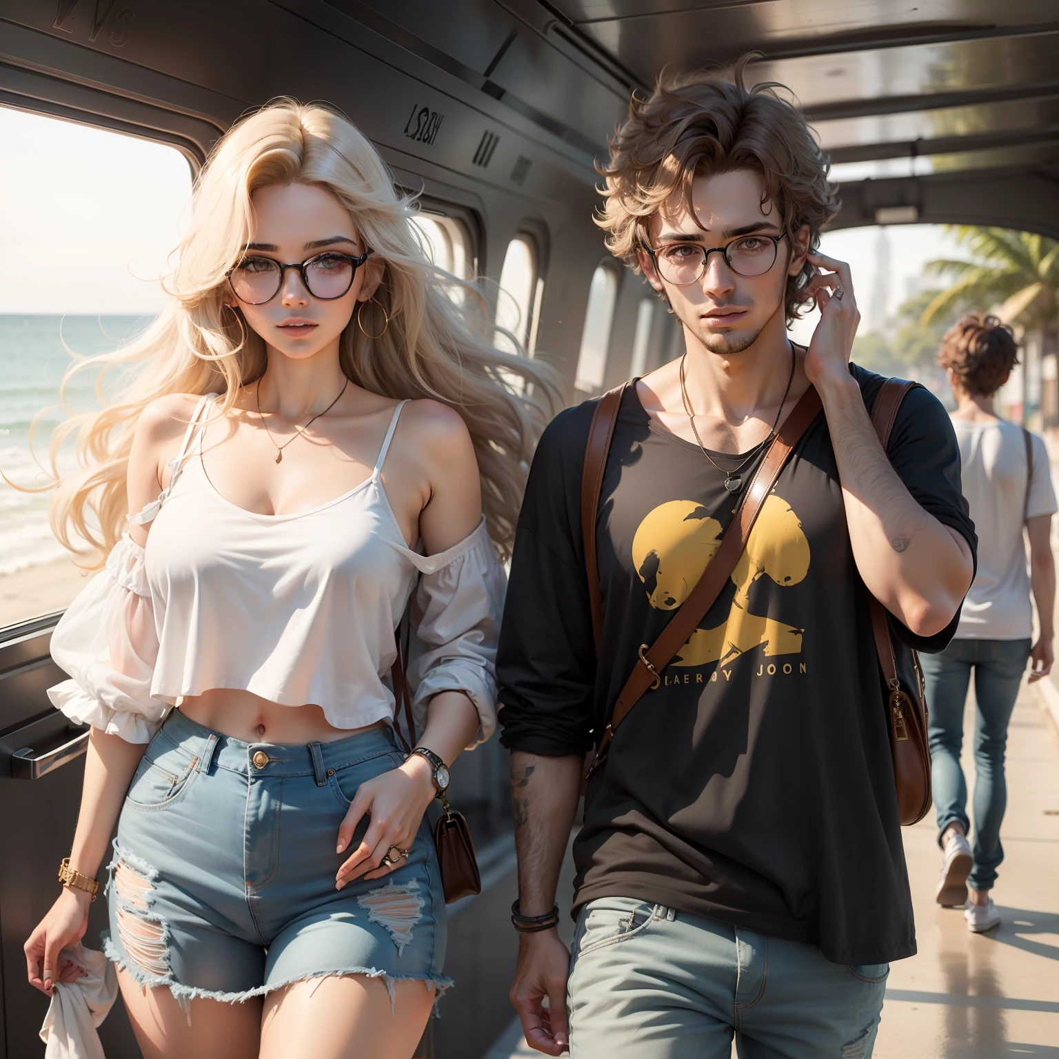 Casal jovem, mulher cabelo dourado, Boy messy hair and glasses