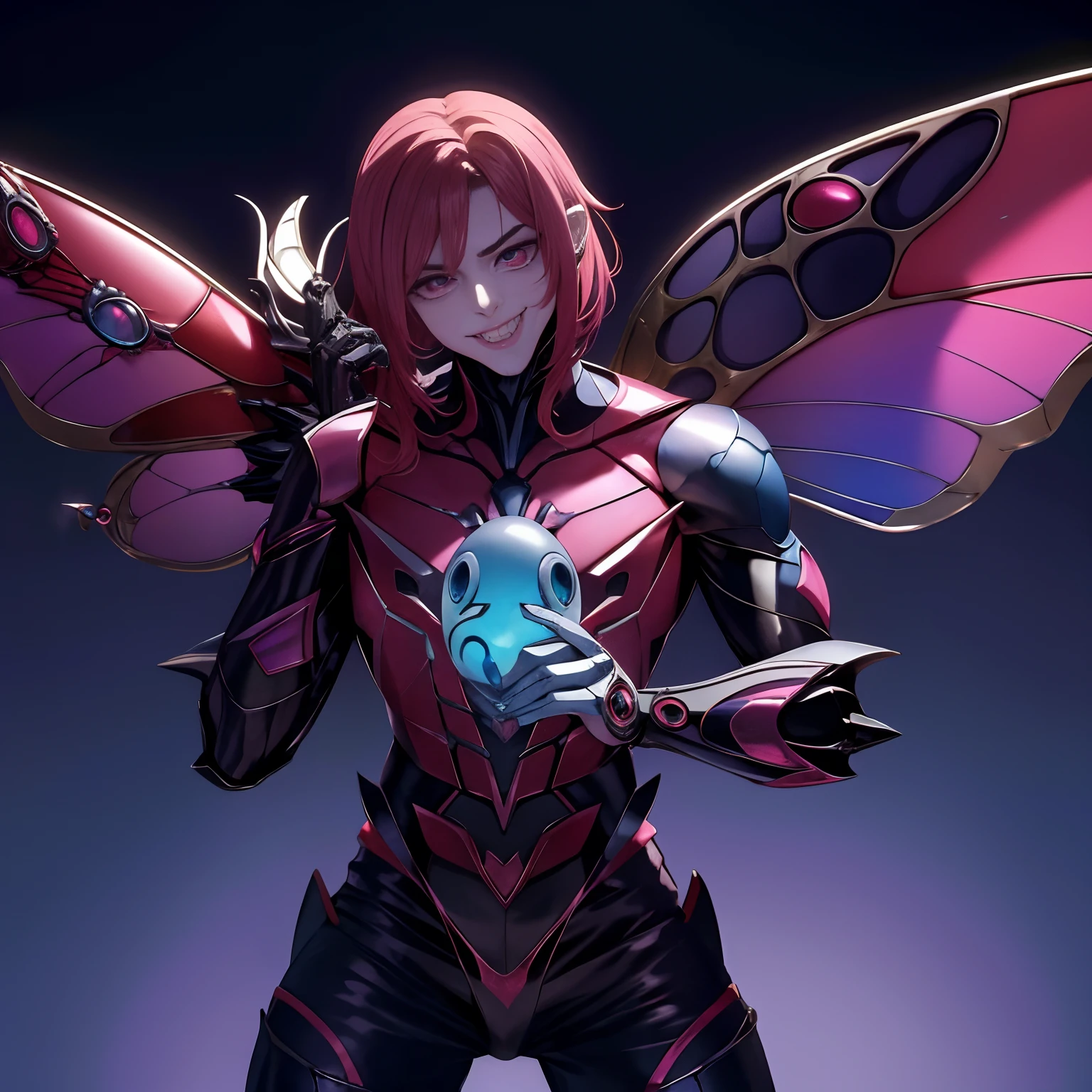 Hot, beautiful insect butterfly man, ((Guyver style)), evil smile, scaraber reploid, bellows tail, cel shade adult animation, alien king , Long pink hair,CRAZY EYES,YAMEROYANDERE,SHADED FACE,